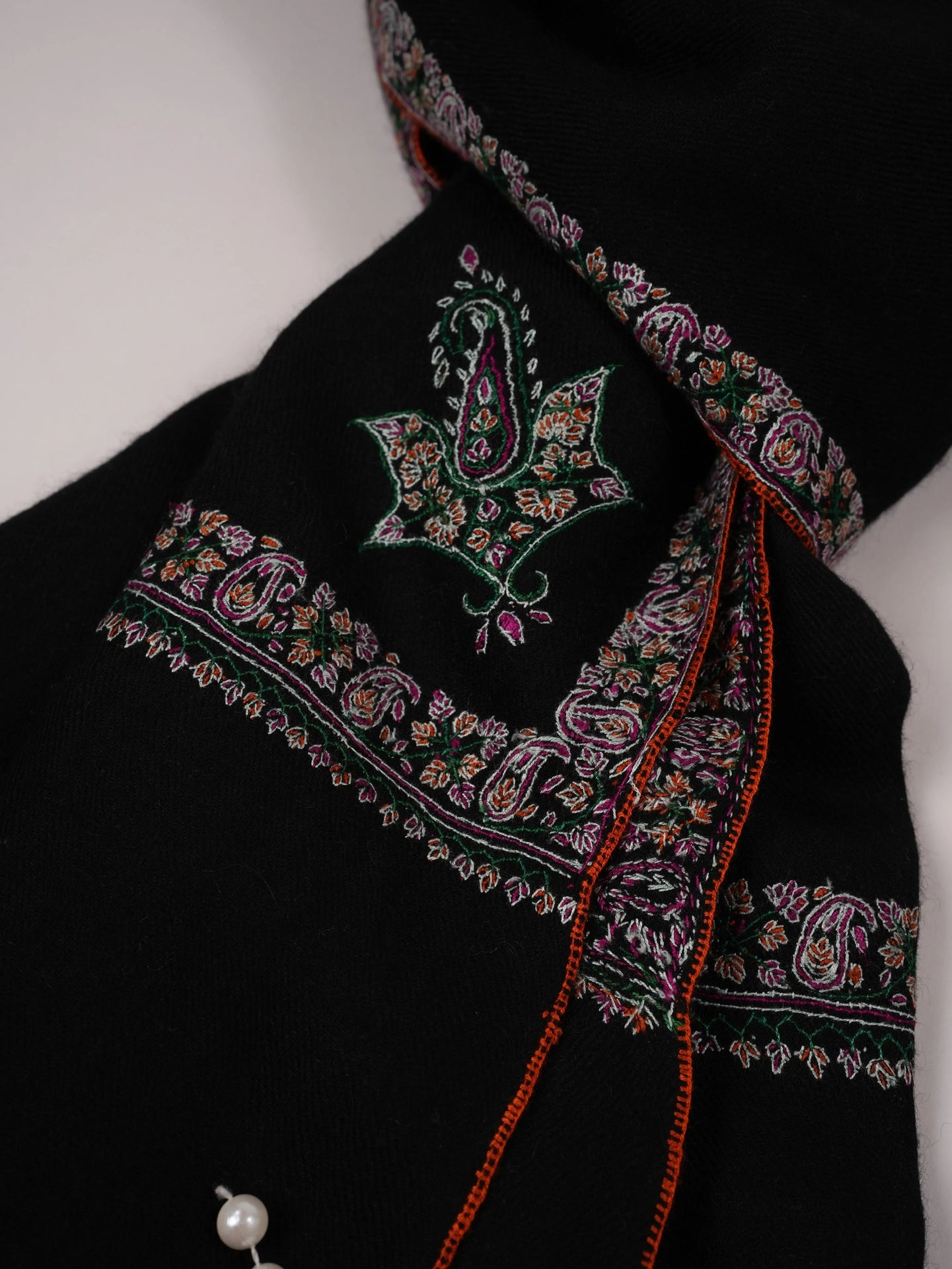Black Handwoven Pure Pashmina Shawl with Hashidar Sozni Embroidery Shahkaar.com