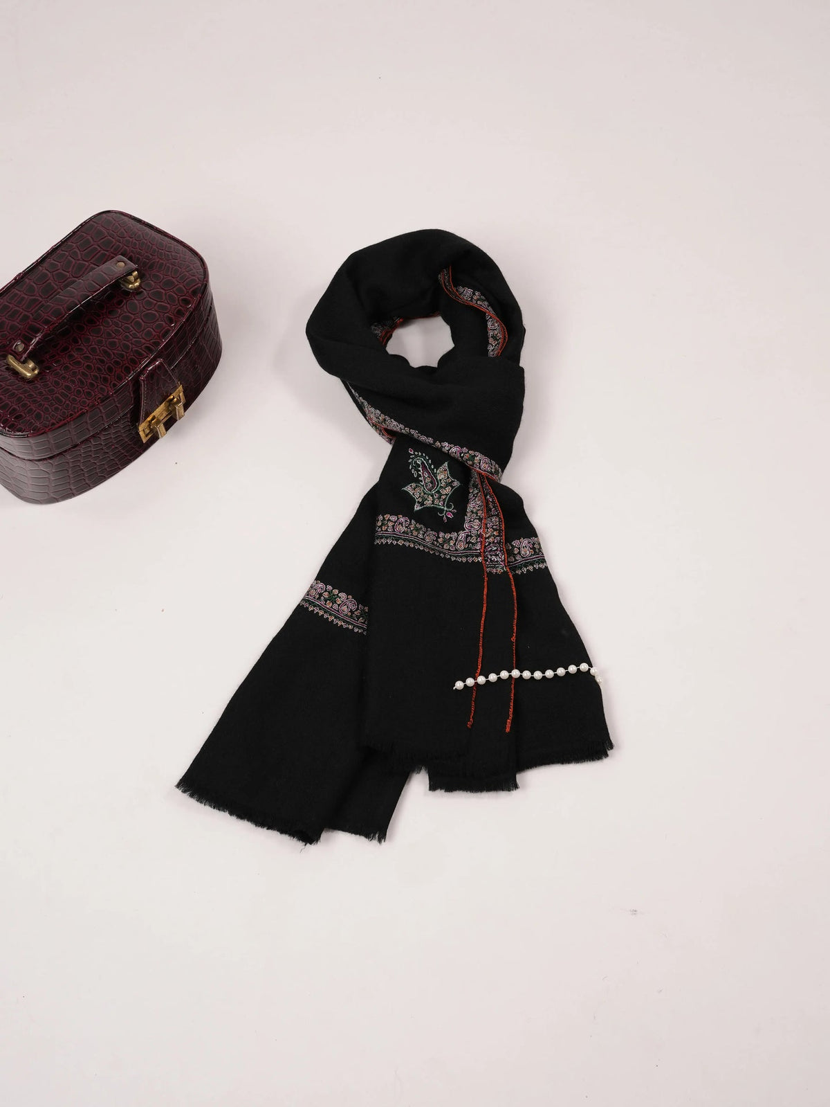 Black Handwoven Pure Pashmina Shawl with Hashidar Sozni Embroidery Shahkaar.com