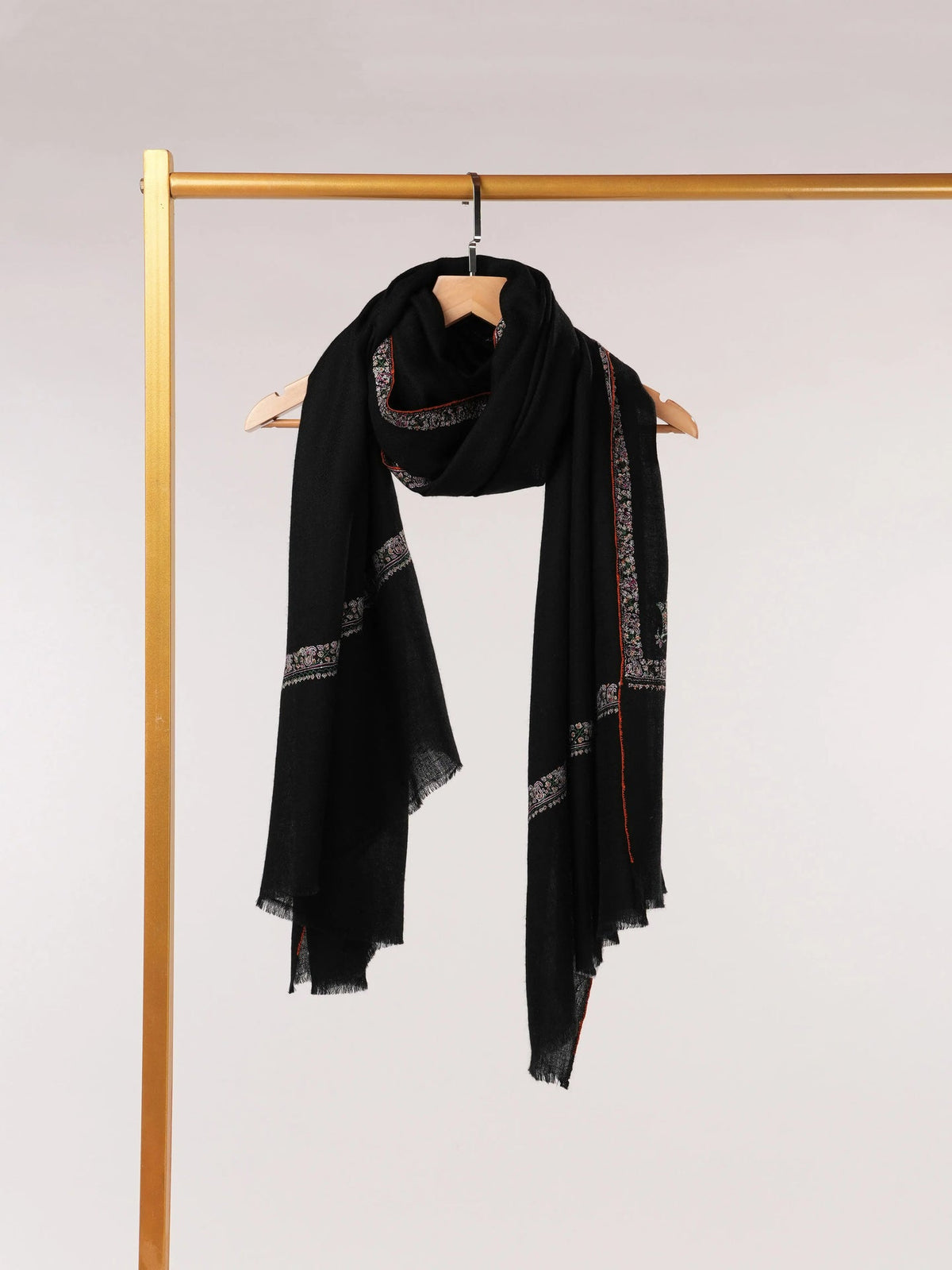 Black Handwoven Pure Pashmina Shawl with Hashidar Sozni Embroidery Shahkaar.com