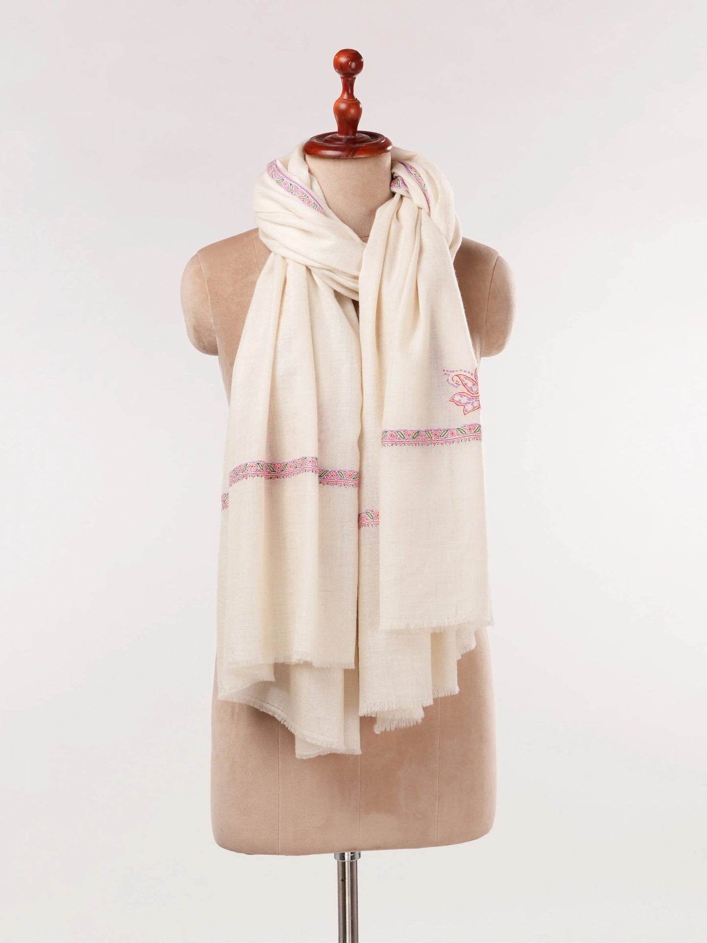 Natural White Pashmina Shawl with Baildar Fine Embroidery Shahkaar.com