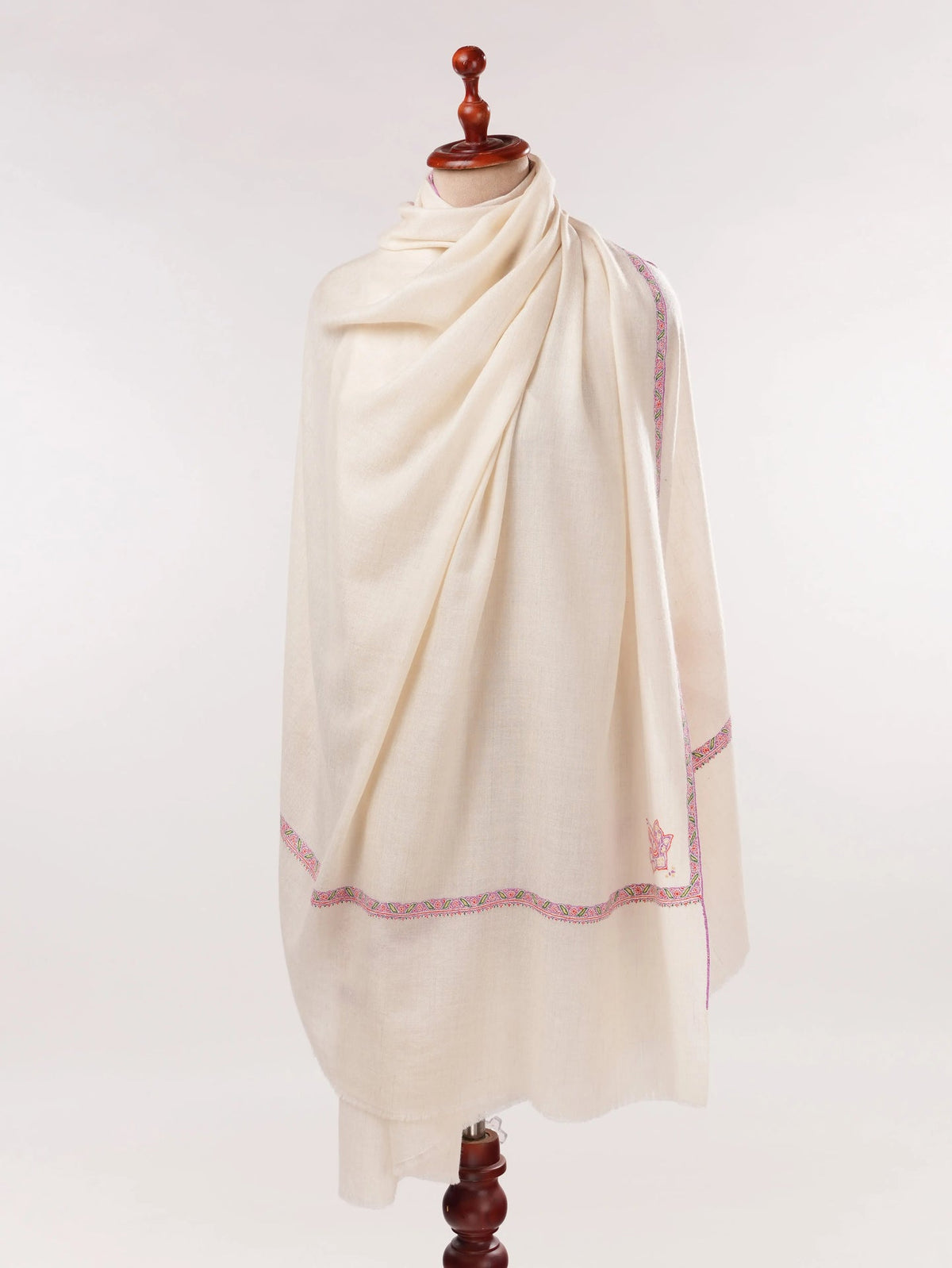 Natural White Pashmina Shawl with Baildar Fine Embroidery Shahkaar.com