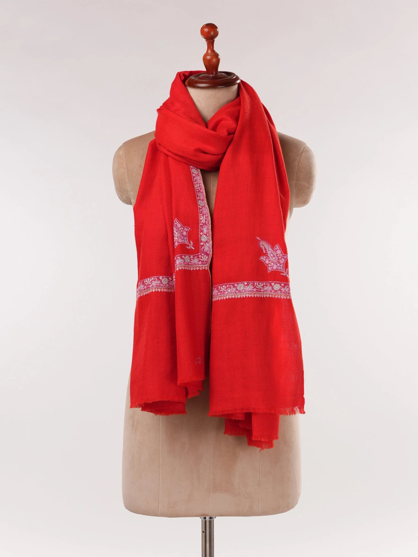 Red Handwoven Authentic Pashmina Shawl with Hashia Hand Sozni Embroidery Shahkaar.com