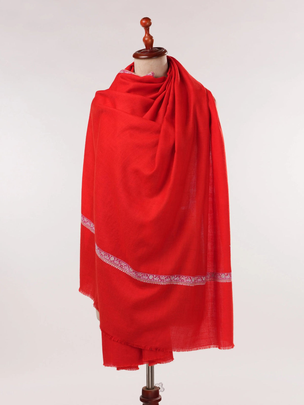 Red Handwoven Authentic Pashmina Shawl with Hashia Hand Sozni Embroidery Shahkaar.com