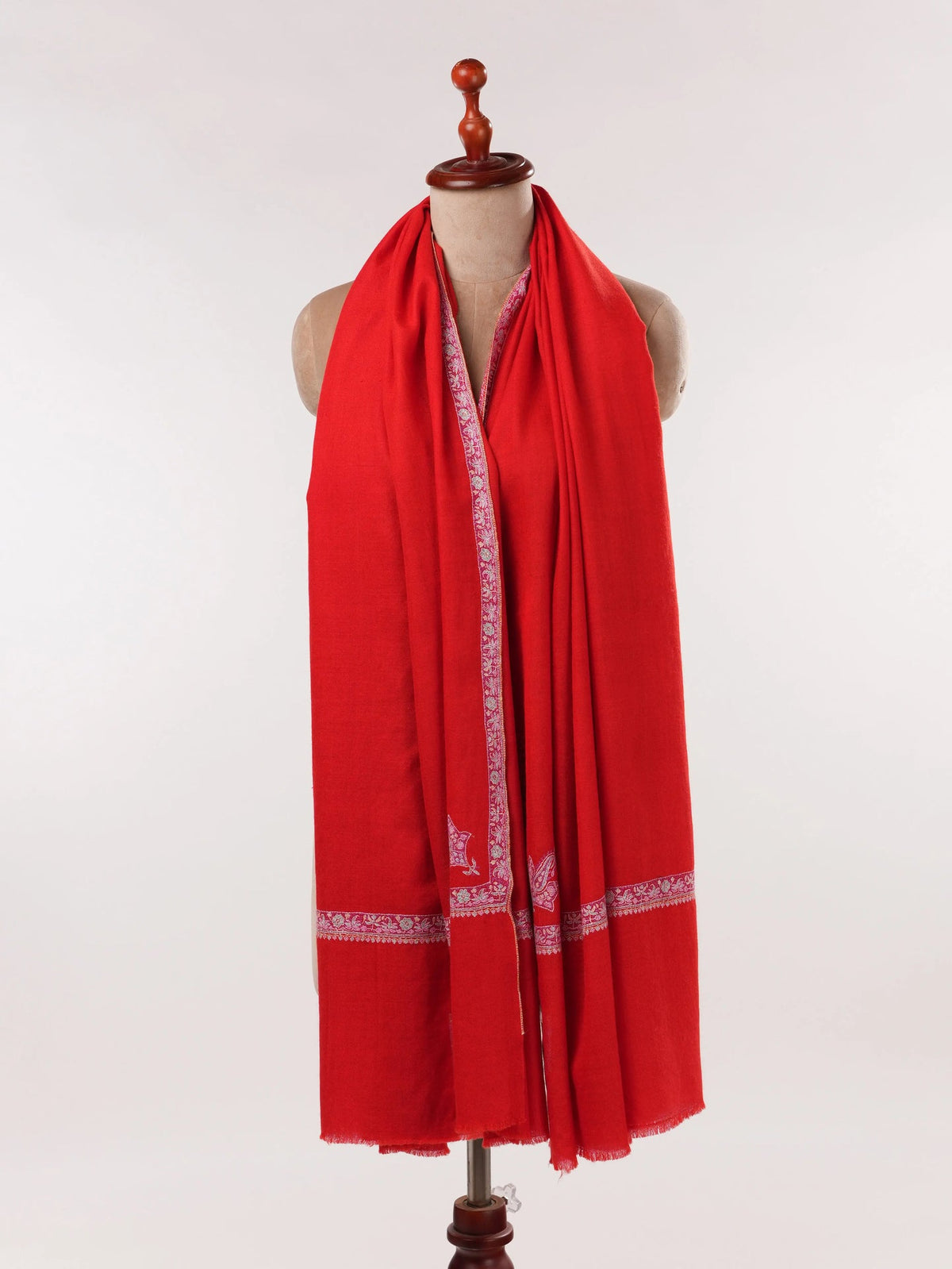 Red Handwoven Authentic Pashmina Shawl with Hashia Hand Sozni Embroidery Shahkaar.com