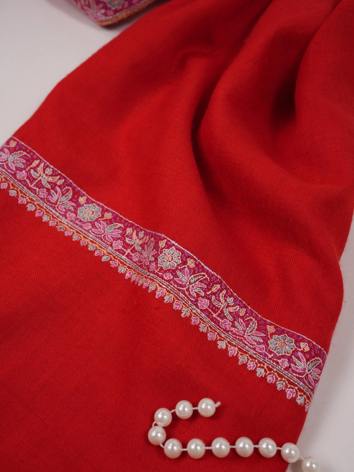 Red Handwoven Authentic Pashmina Shawl with Hashia Hand Sozni Embroidery Shahkaar.com