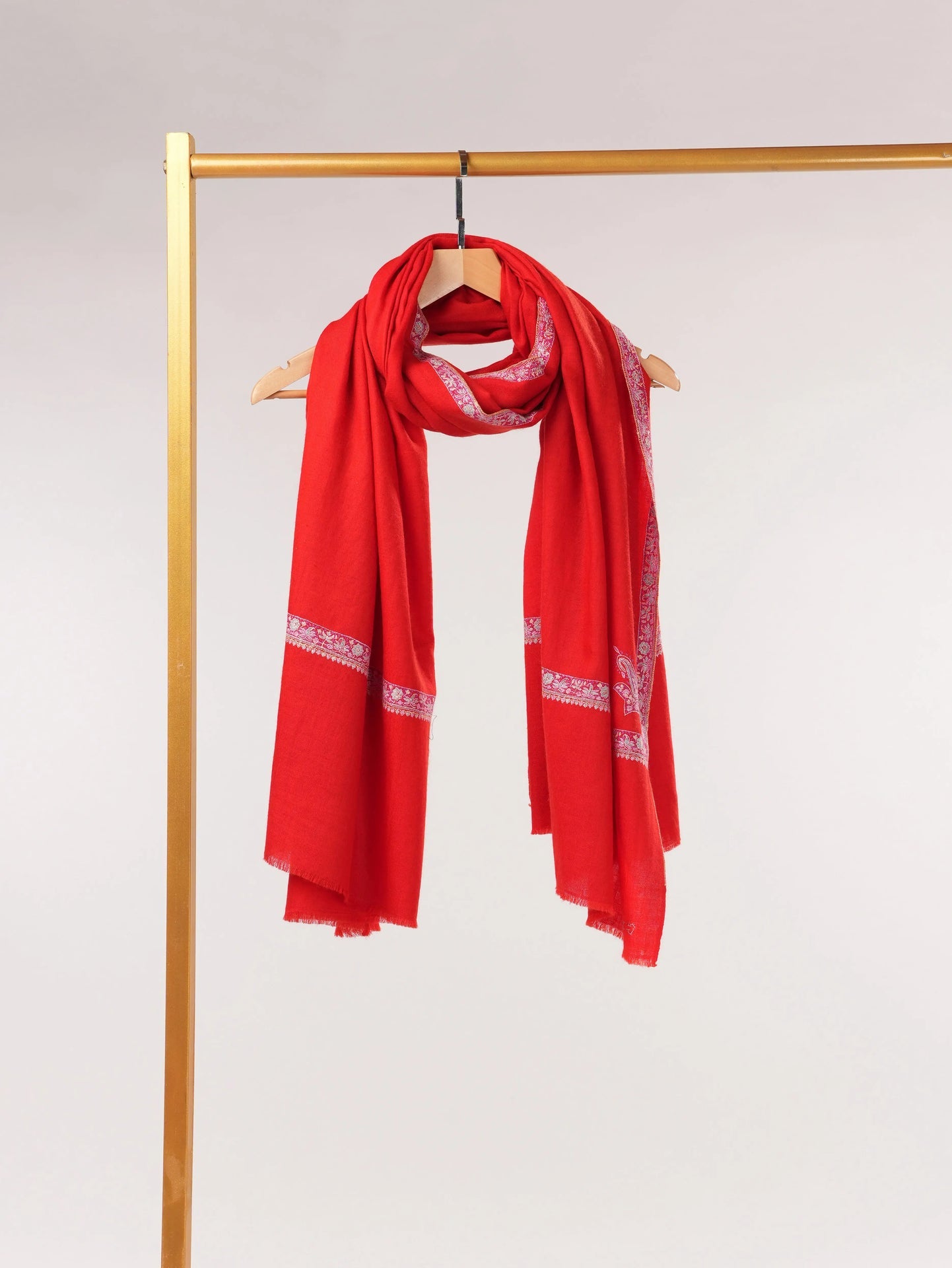 Red Handwoven Authentic Pashmina Shawl with Hashia Hand Sozni Embroidery Shahkaar.com