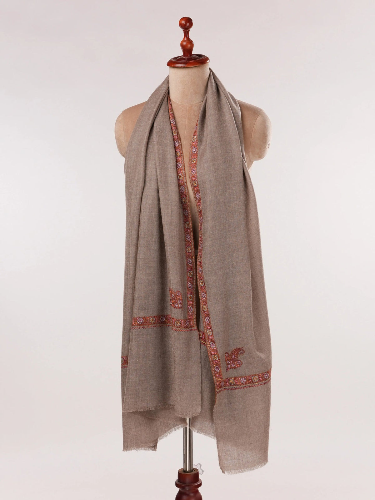Beige Handwoven Original Cashmere Scarf with Kashmiri Hashidar Hand Embroidery Shahkaar.com