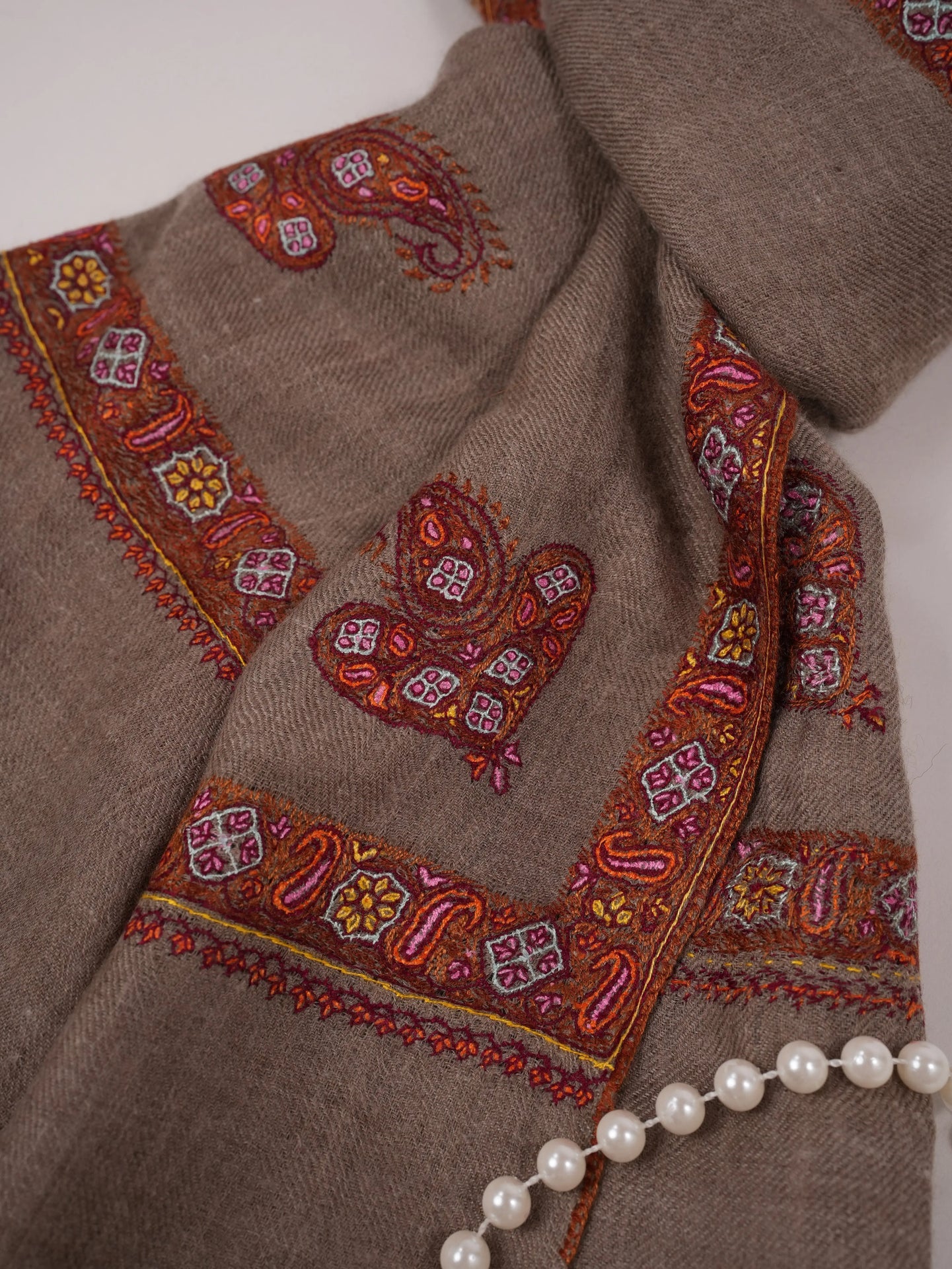 Beige Handwoven Original Cashmere Scarf with Kashmiri Hashidar Hand Embroidery Shahkaar.com