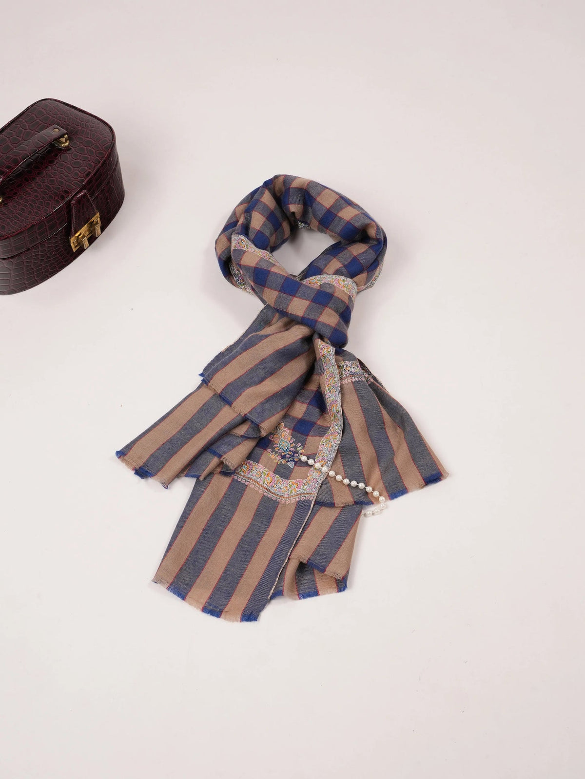 Check Handwoven Pashmina Shawl with Hashia Hand Sozni Embroidery Shahkaar.com