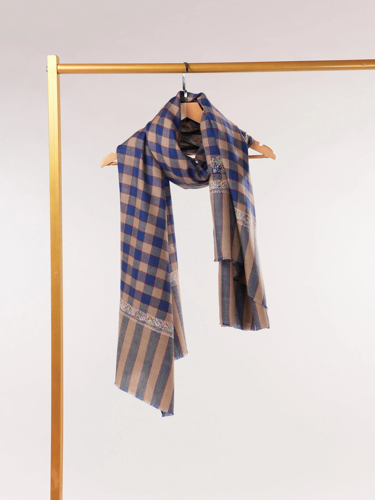 Check Handwoven Pashmina Shawl with Hashia Hand Sozni Embroidery Shahkaar.com