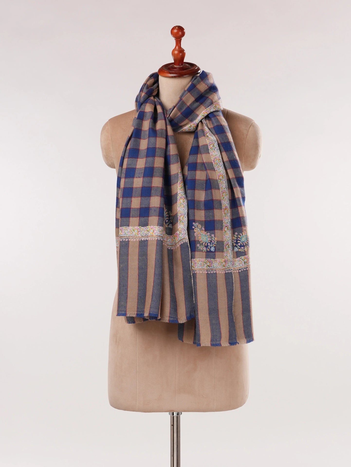 Check Handwoven Pashmina Shawl with Hashia Hand Sozni Embroidery Shahkaar.com