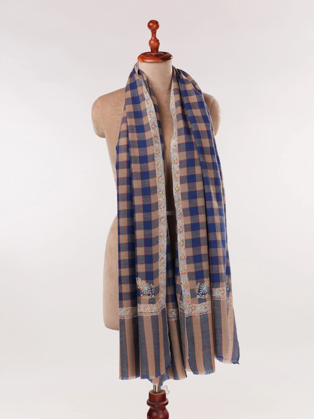Check Handwoven Pashmina Shawl with Hashia Hand Sozni Embroidery Shahkaar.com
