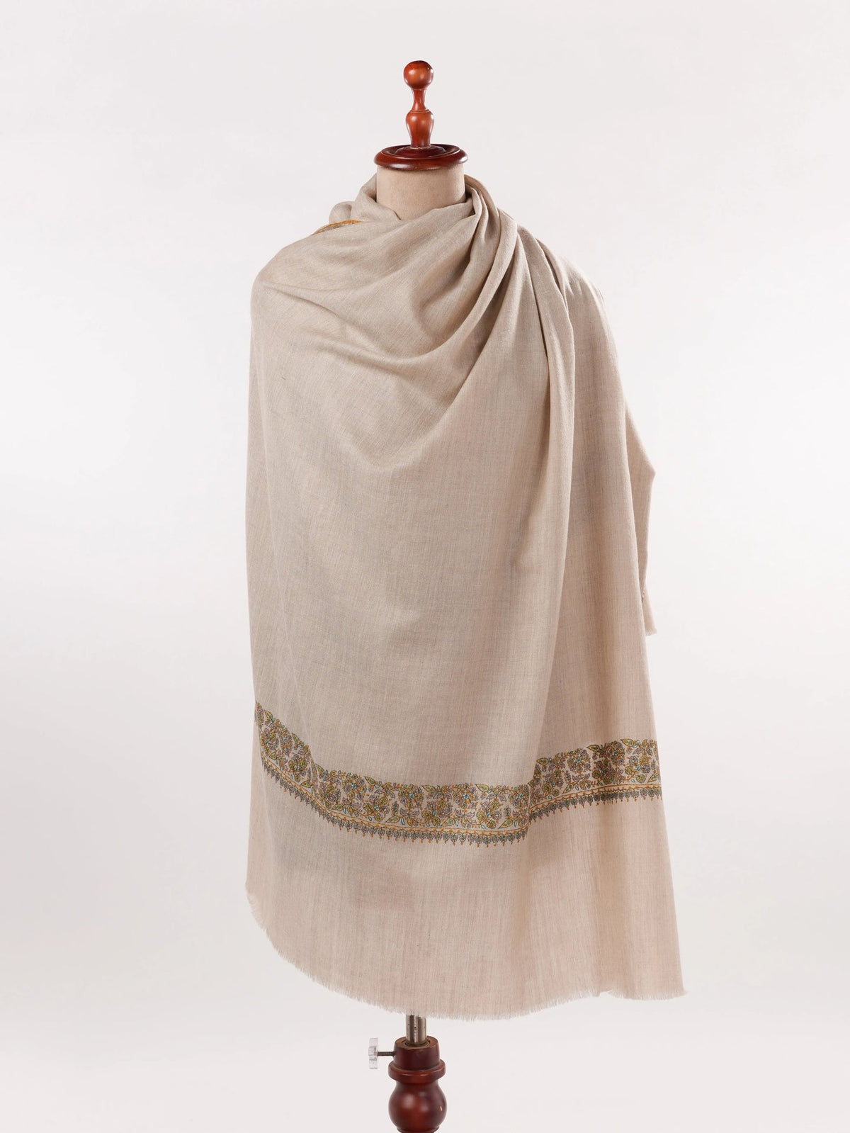 Beige Kashmiri Pure Pashmina Shawl with Neemdaur Hand Sozni Embroidery Shahkaar.com