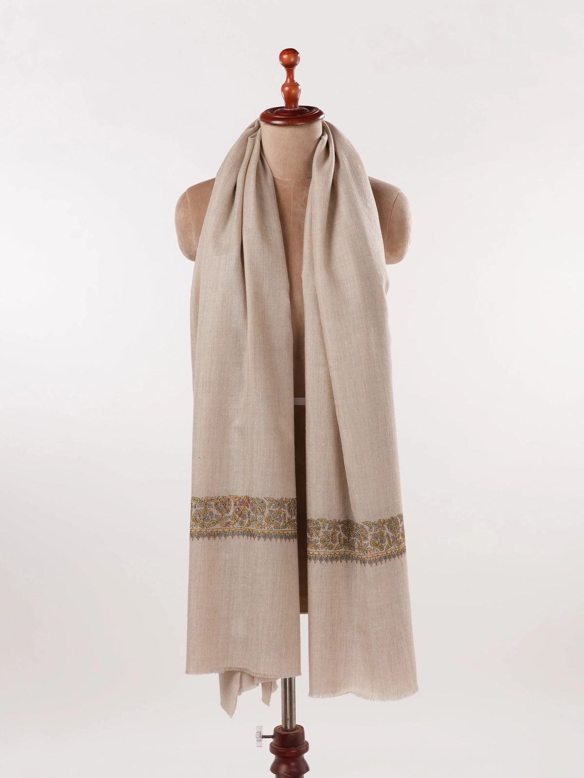 Beige Kashmiri Pure Pashmina Shawl with Neemdaur Hand Sozni Embroidery Shahkaar.com
