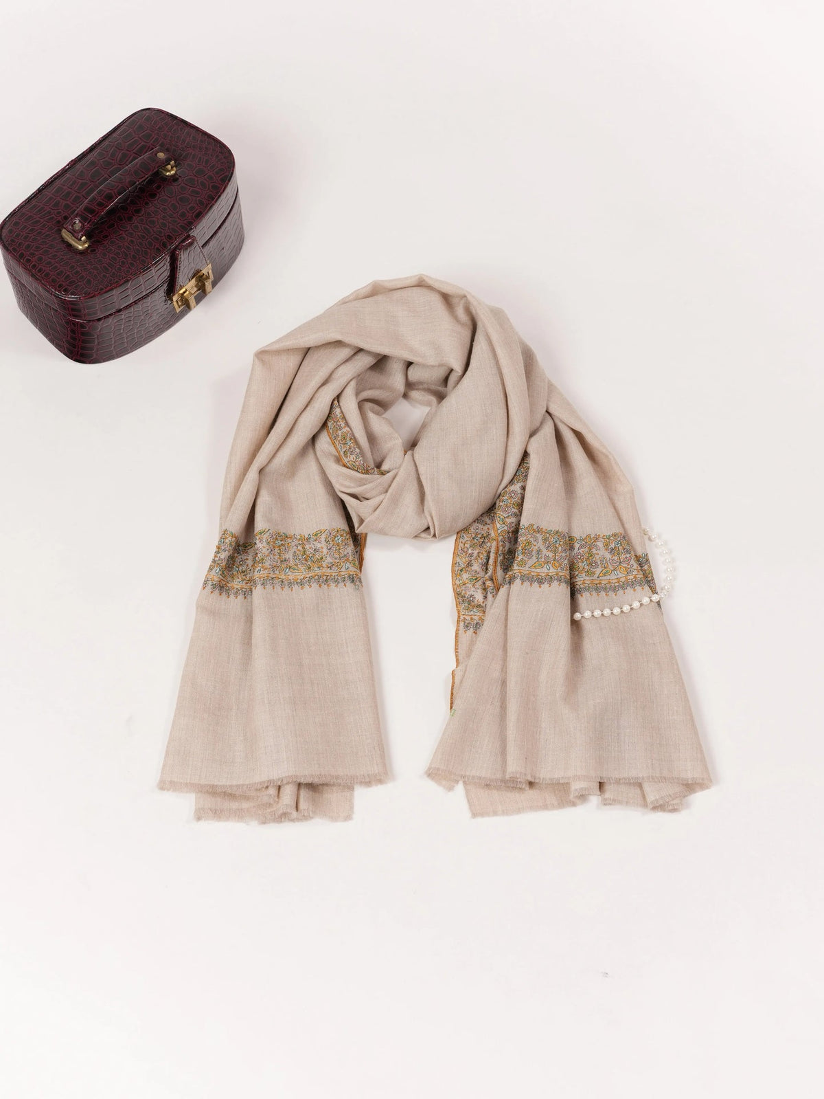 Beige Kashmiri Pure Pashmina Shawl with Neemdaur Hand Sozni Embroidery Shahkaar.com