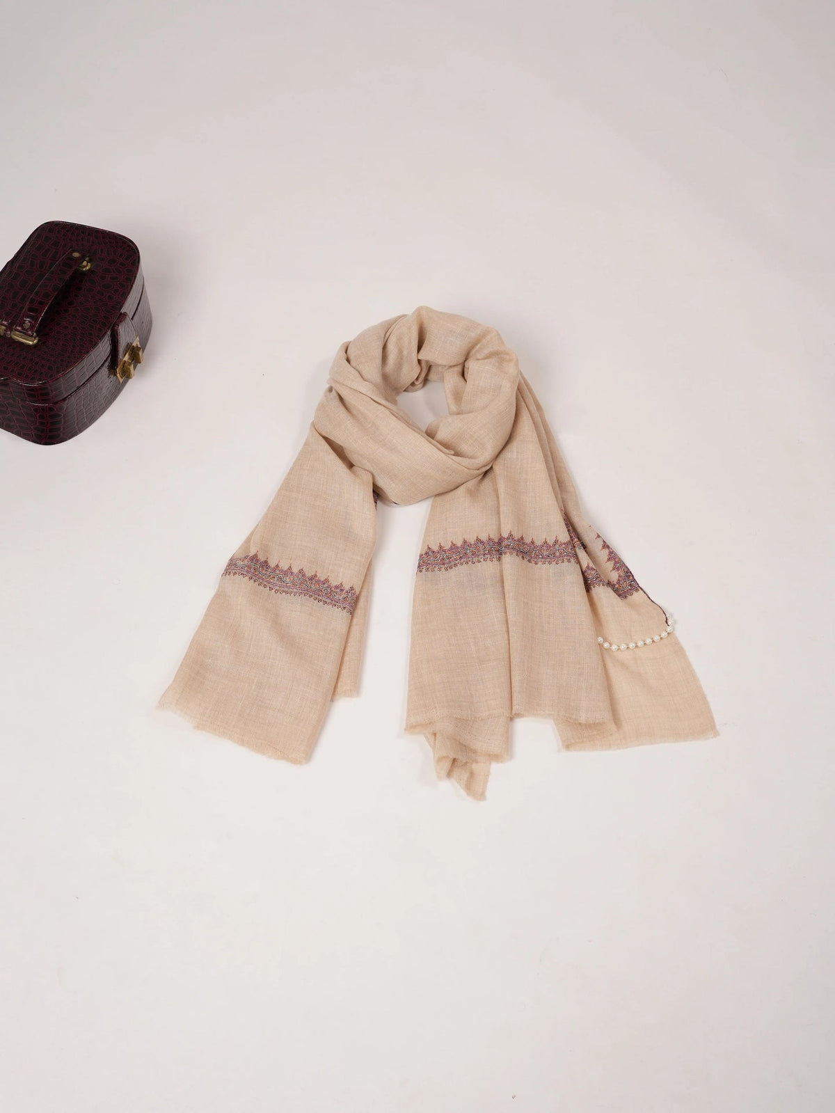Lightweight Natural Off White Pashmina Shawl with Hashidar Sozni Embroidery