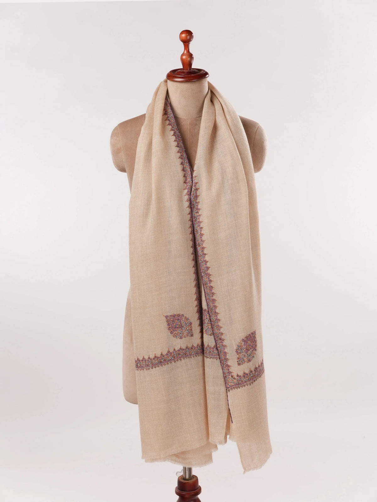 Lightweight Natural Off White Pashmina Shawl with Hashidar Sozni Embroidery