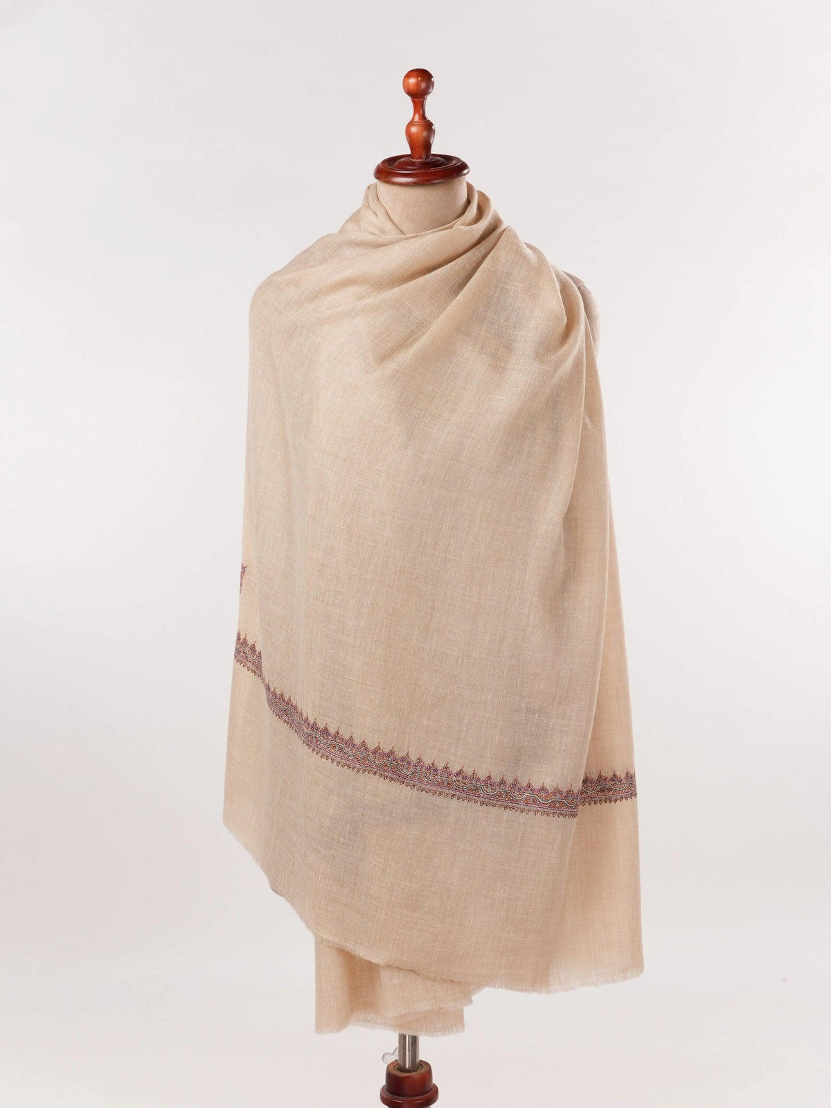 Lightweight Natural Off White Pashmina Shawl with Hashidar Sozni Embroidery