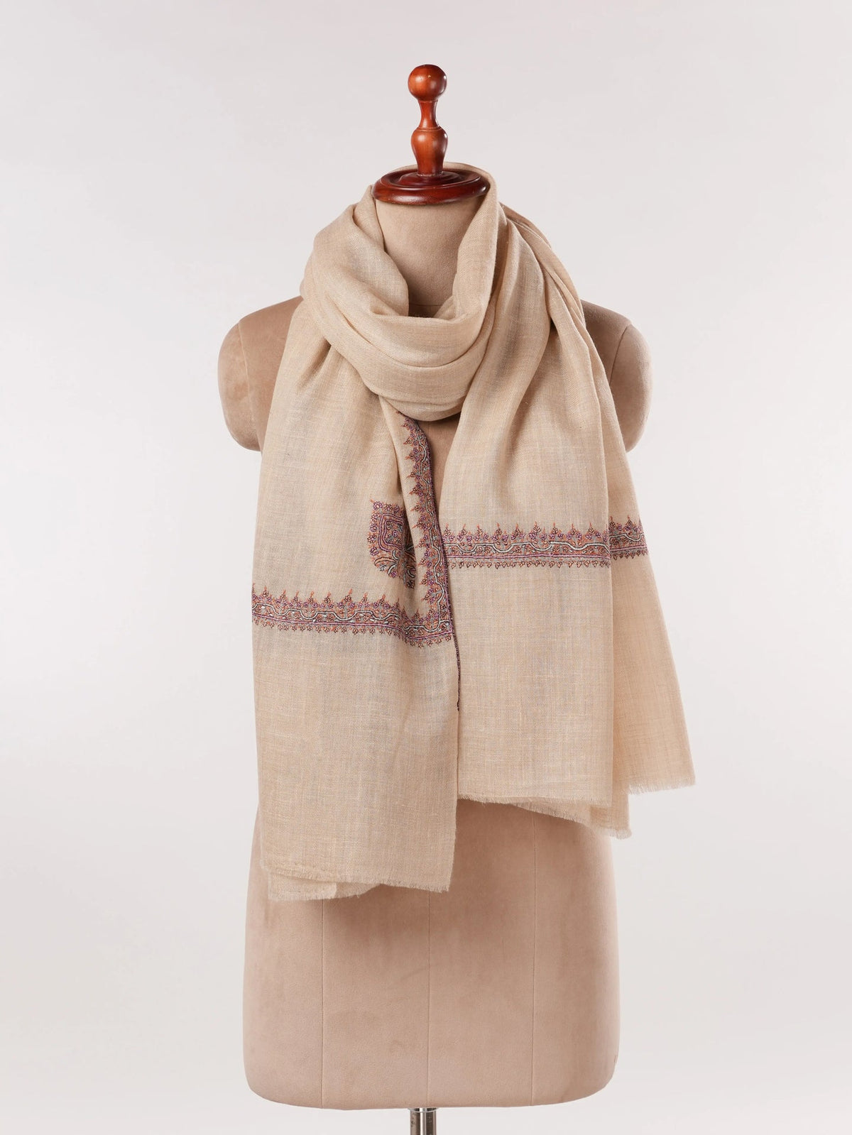Lightweight Natural Off White Pashmina Shawl with Hashidar Sozni Embroidery