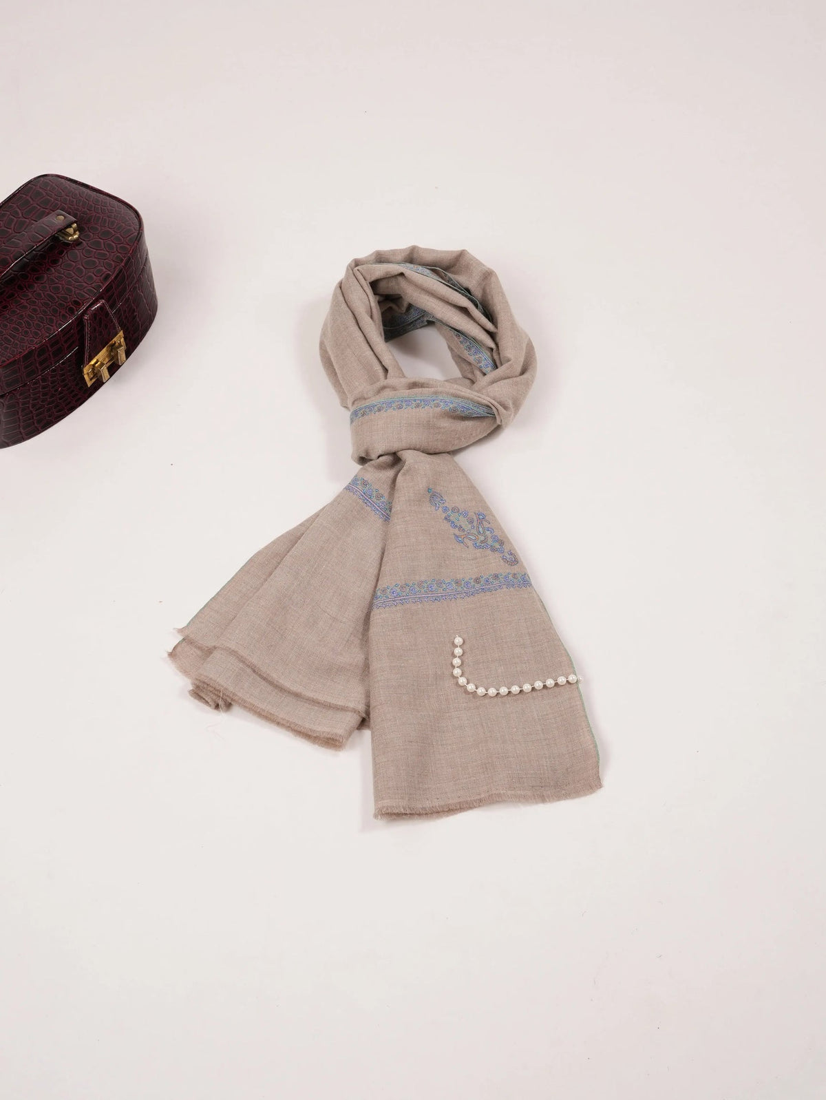 Classic Beige Handwoven Pashmina Shawl with Kashmiri Baildar Hand Embroidery Shahkaar.com