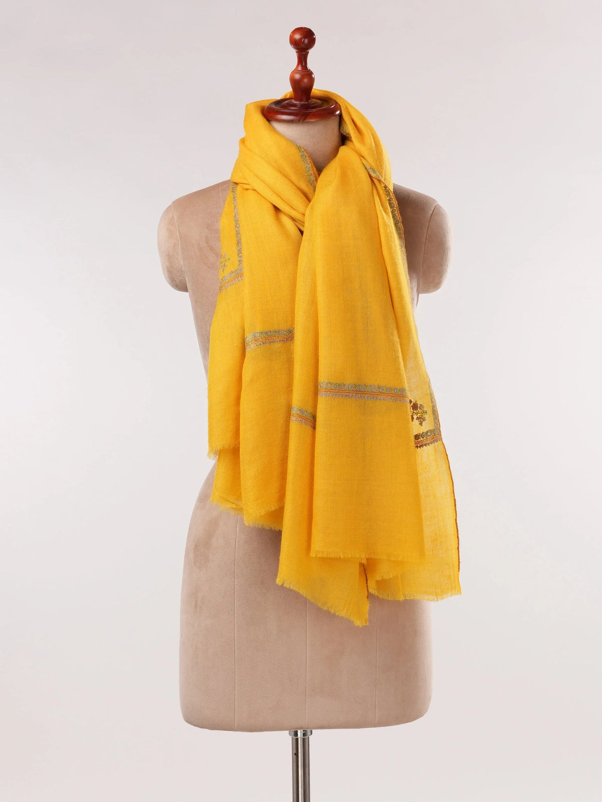 Yellow Handwoven Pashmina Shawl with Kashmiri Baildar Hand Sozni Embroidery Shahkaar.com