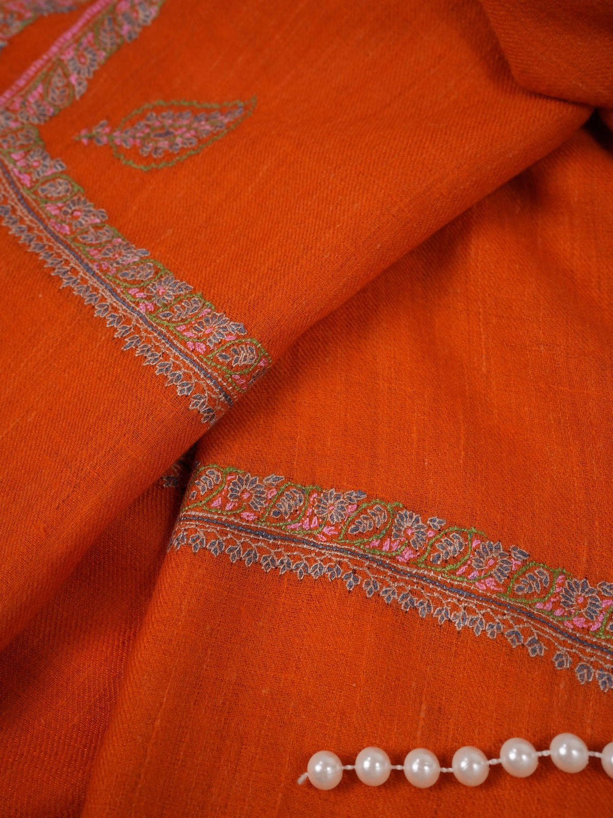 Orange Pure Pashmina Shawl with Baildar Hand Sozni Embroidery Shahkaar.com