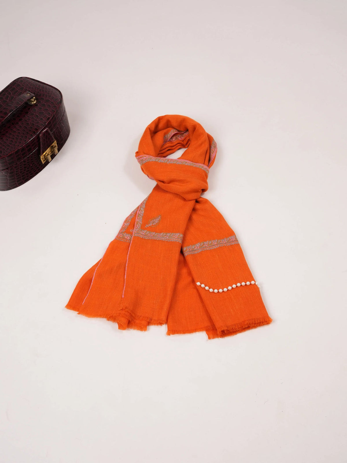 Orange Pure Pashmina Shawl with Baildar Hand Sozni Embroidery Shahkaar.com