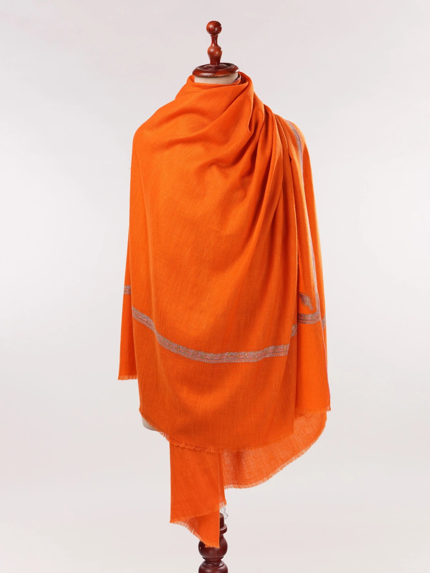 Orange Pure Pashmina Shawl with Baildar Hand Sozni Embroidery Shahkaar.com