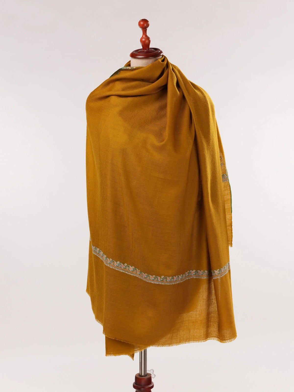 Mustard Handwoven Pashmina Shawl with Kashmiri Hashidar Hand Embroidery Shahkaar.com