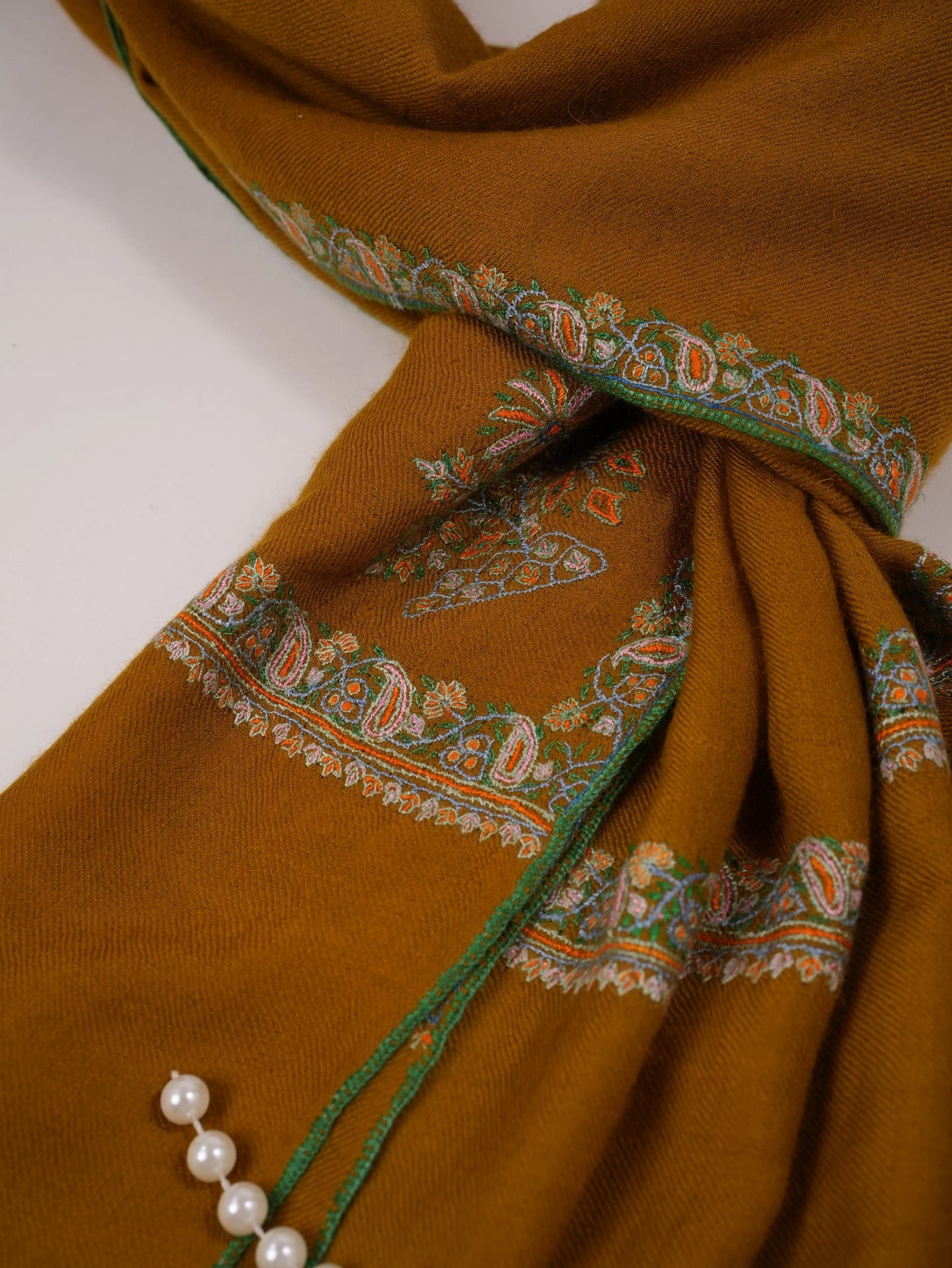 Mustard Handwoven Pashmina Shawl with Kashmiri Hashidar Hand Embroidery Shahkaar.com