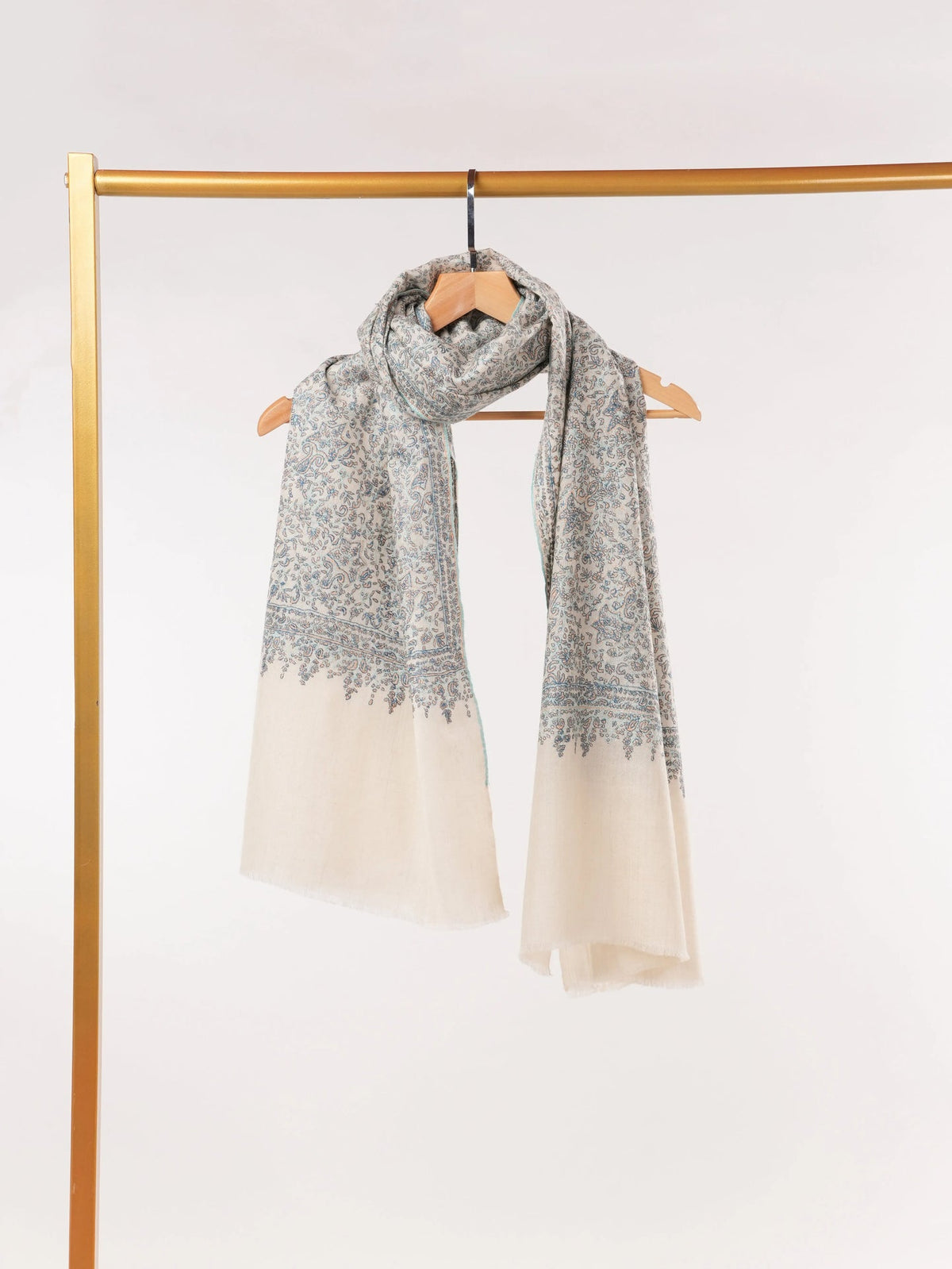 Natural White Original Cashmere Scarf with Jamawar Embroidery