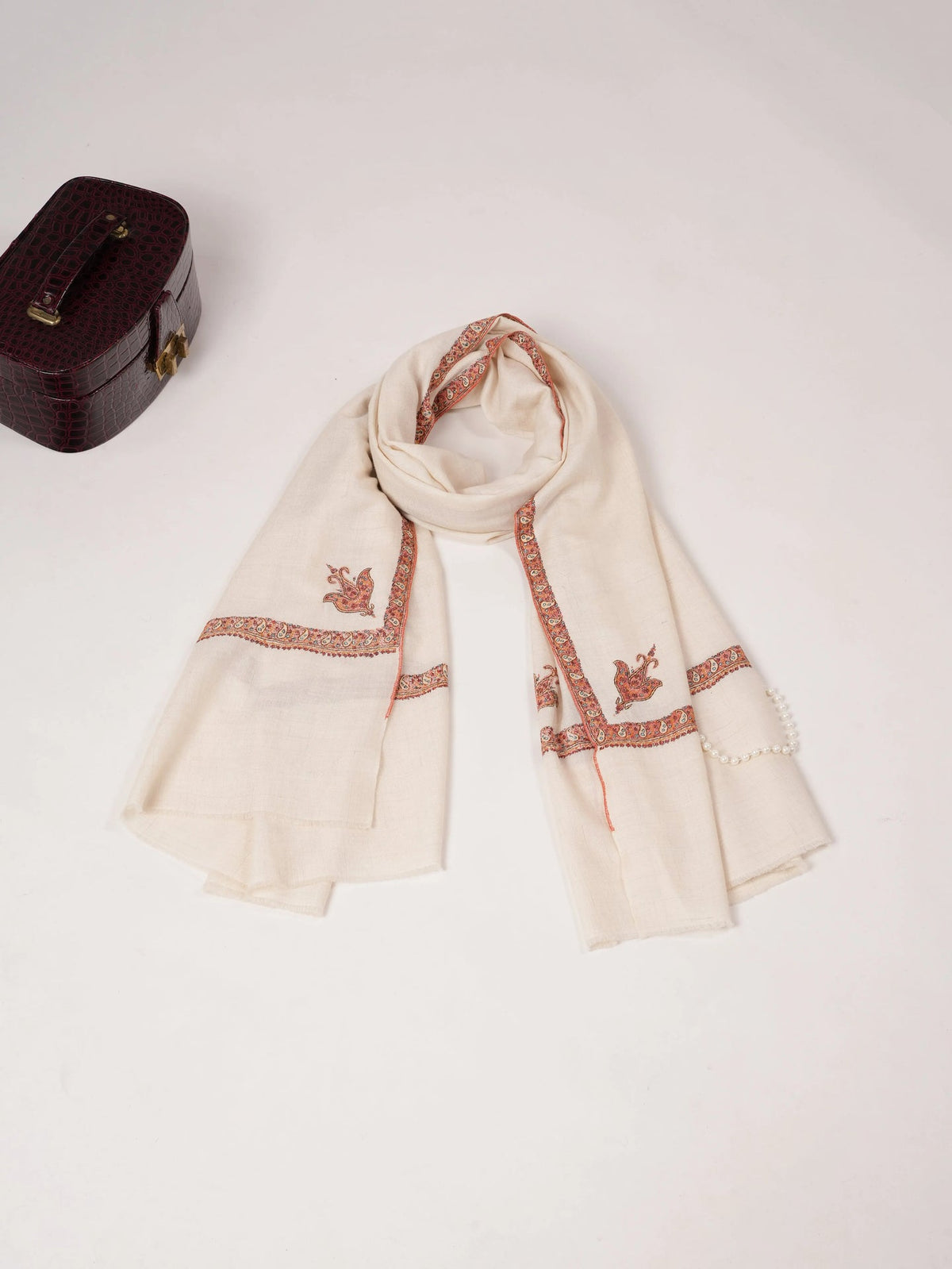 White Handwoven Pashmina Shawl with Hashidaar Sozni Embroidery