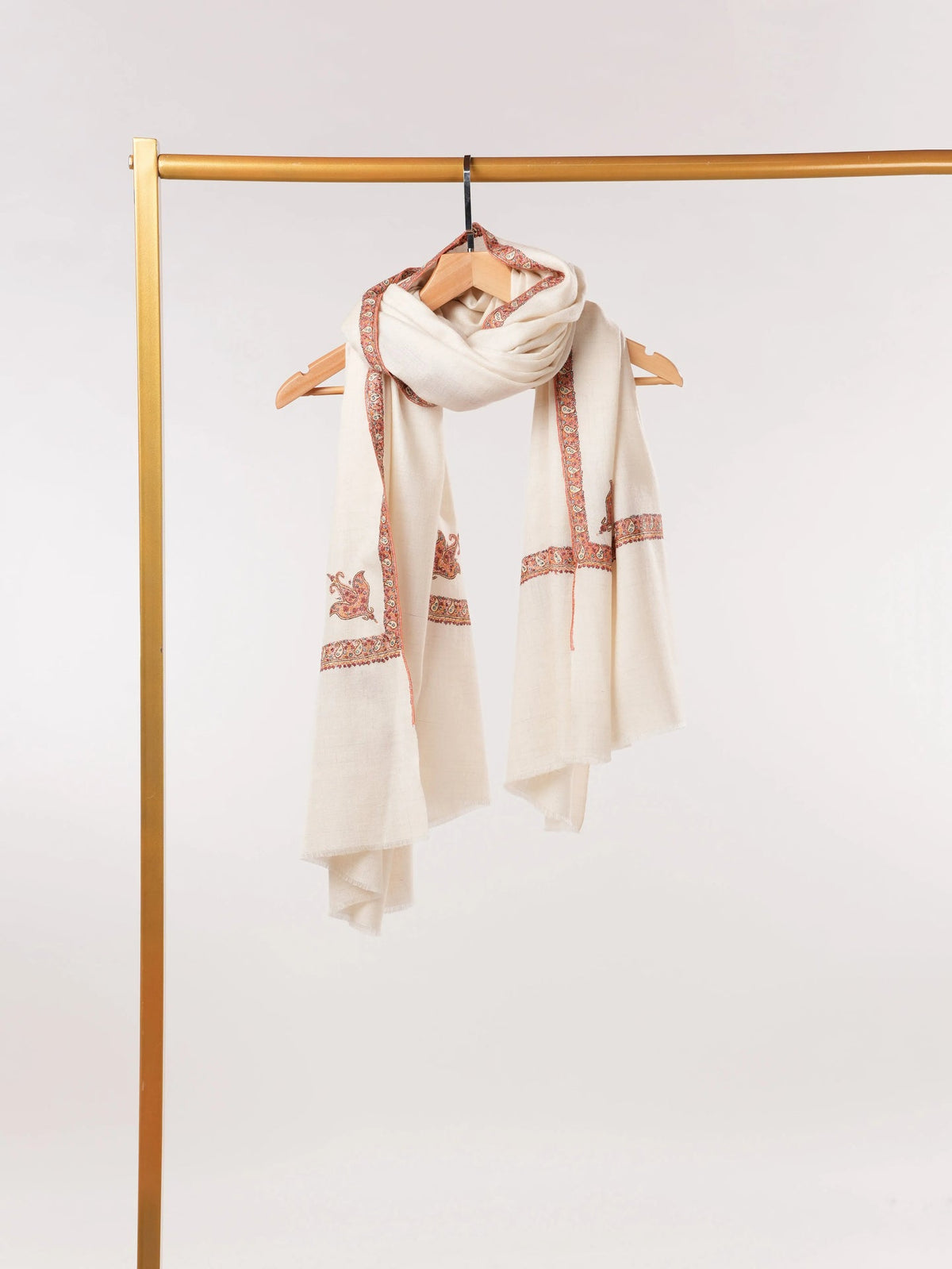 White Handwoven Pashmina Shawl with Hashidaar Sozni Embroidery