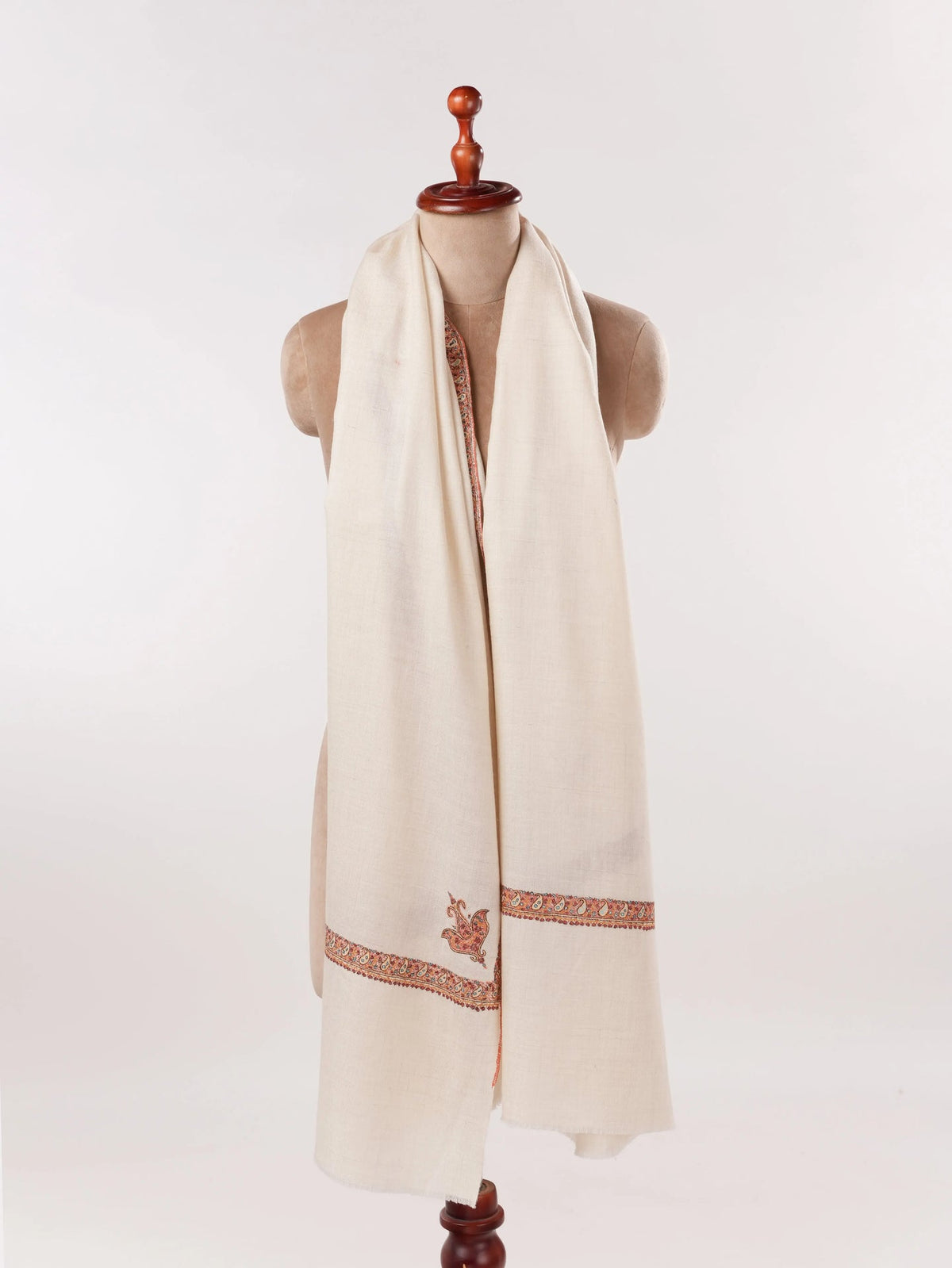 White Handwoven Pashmina Shawl with Hashidaar Sozni Embroidery