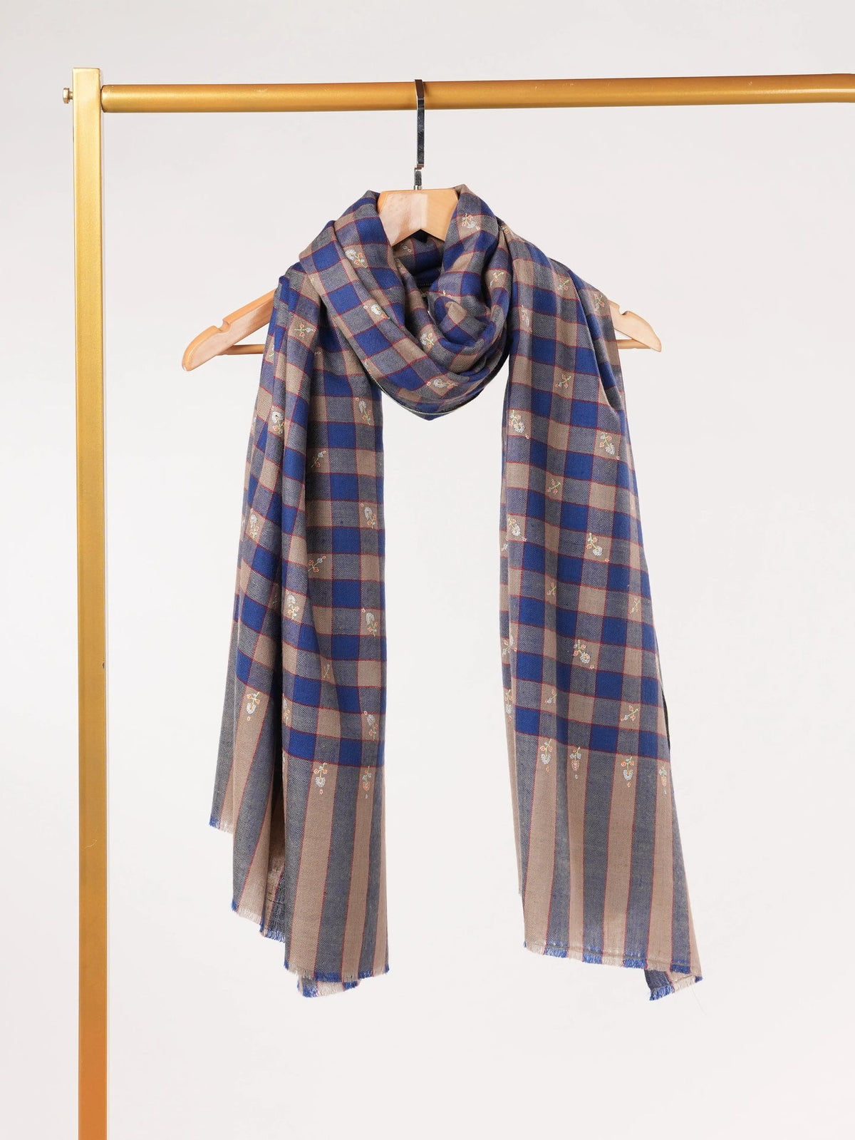 Check Classic Handwoven Pashmina Shawl with Buteh Hand Embroidery