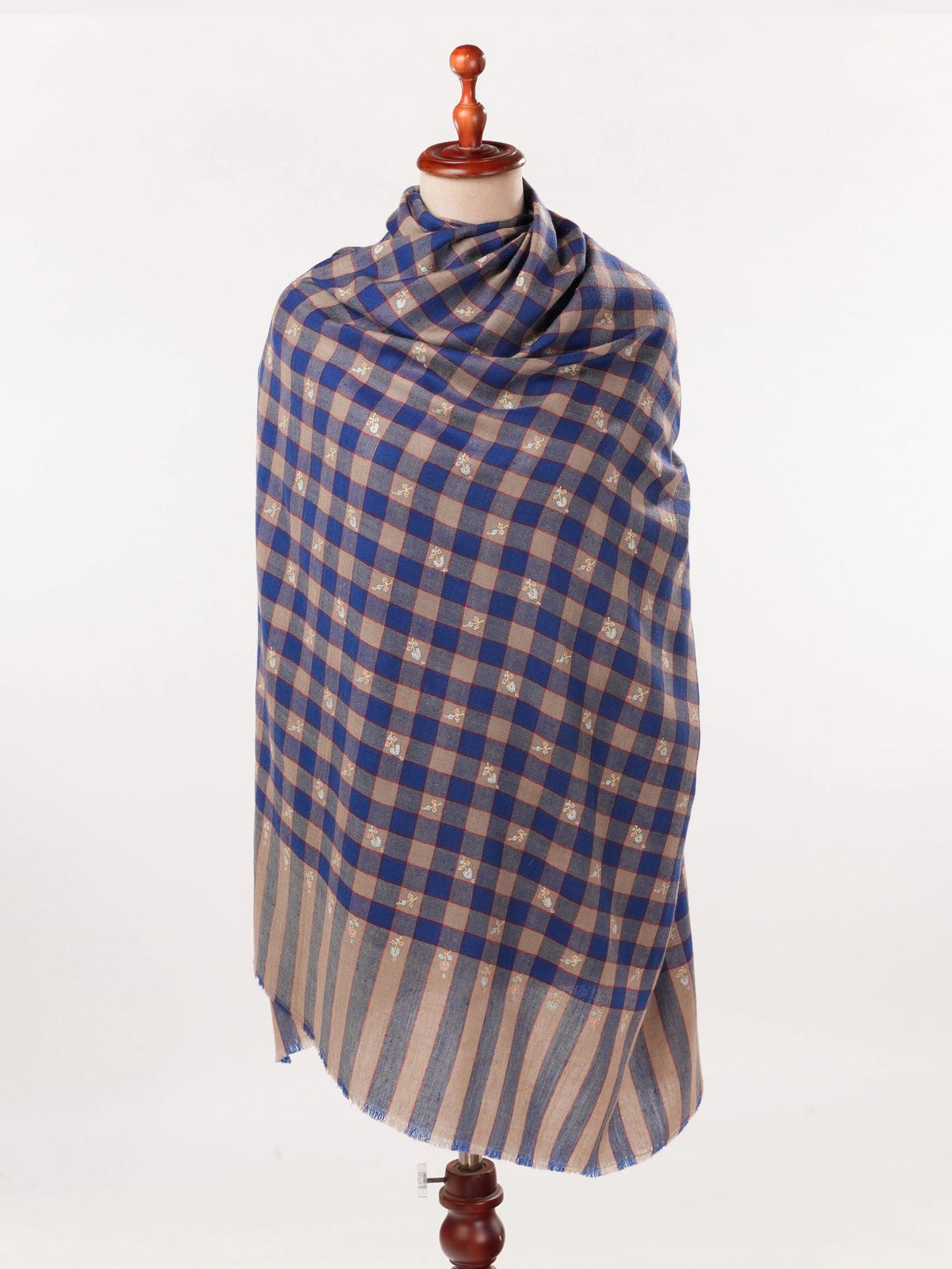 Check Classic Handwoven Pashmina Shawl with Buteh Hand Embroidery