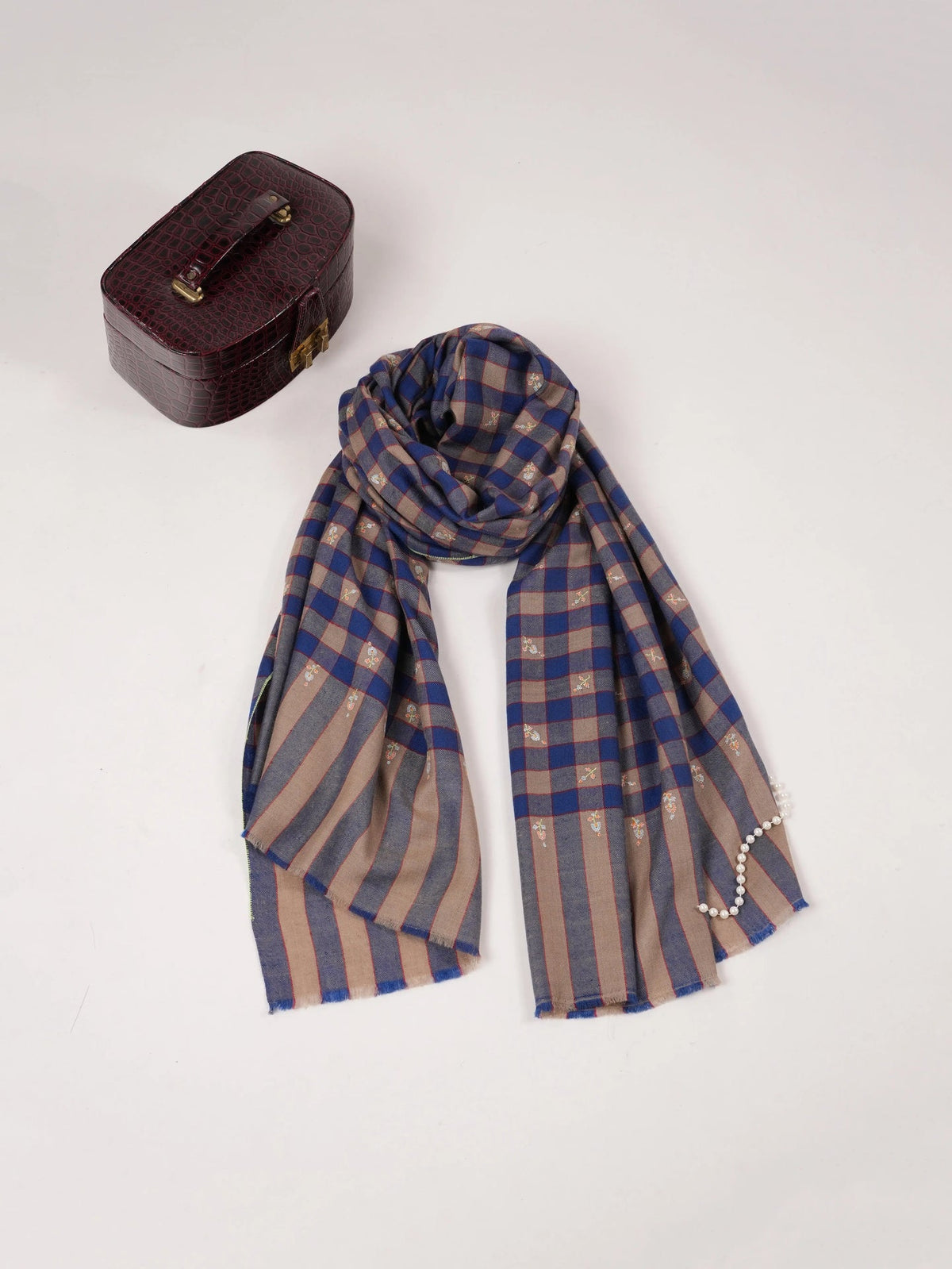 Check Classic Handwoven Pashmina Shawl with Buteh Hand Embroidery