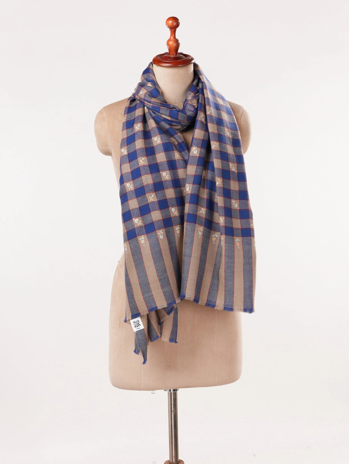 Check Classic Handwoven Pashmina Shawl with Buteh Hand Embroidery