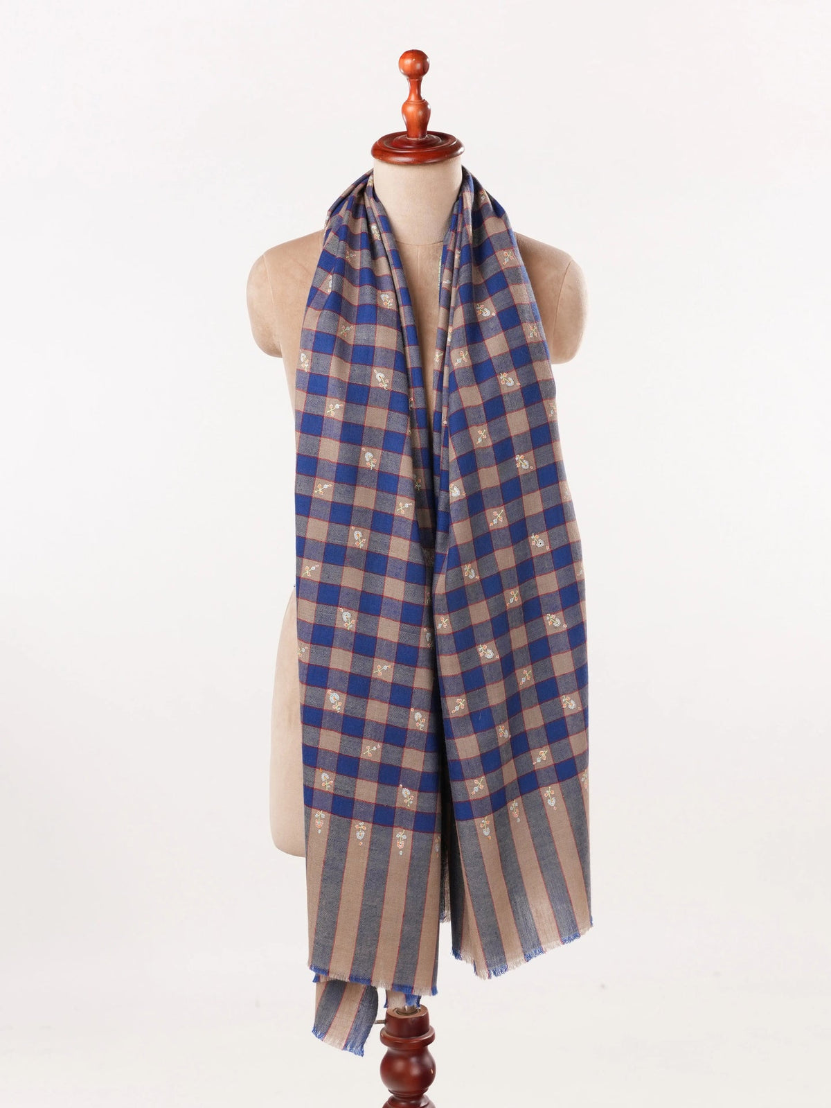 Check Classic Handwoven Pashmina Shawl with Buteh Hand Embroidery