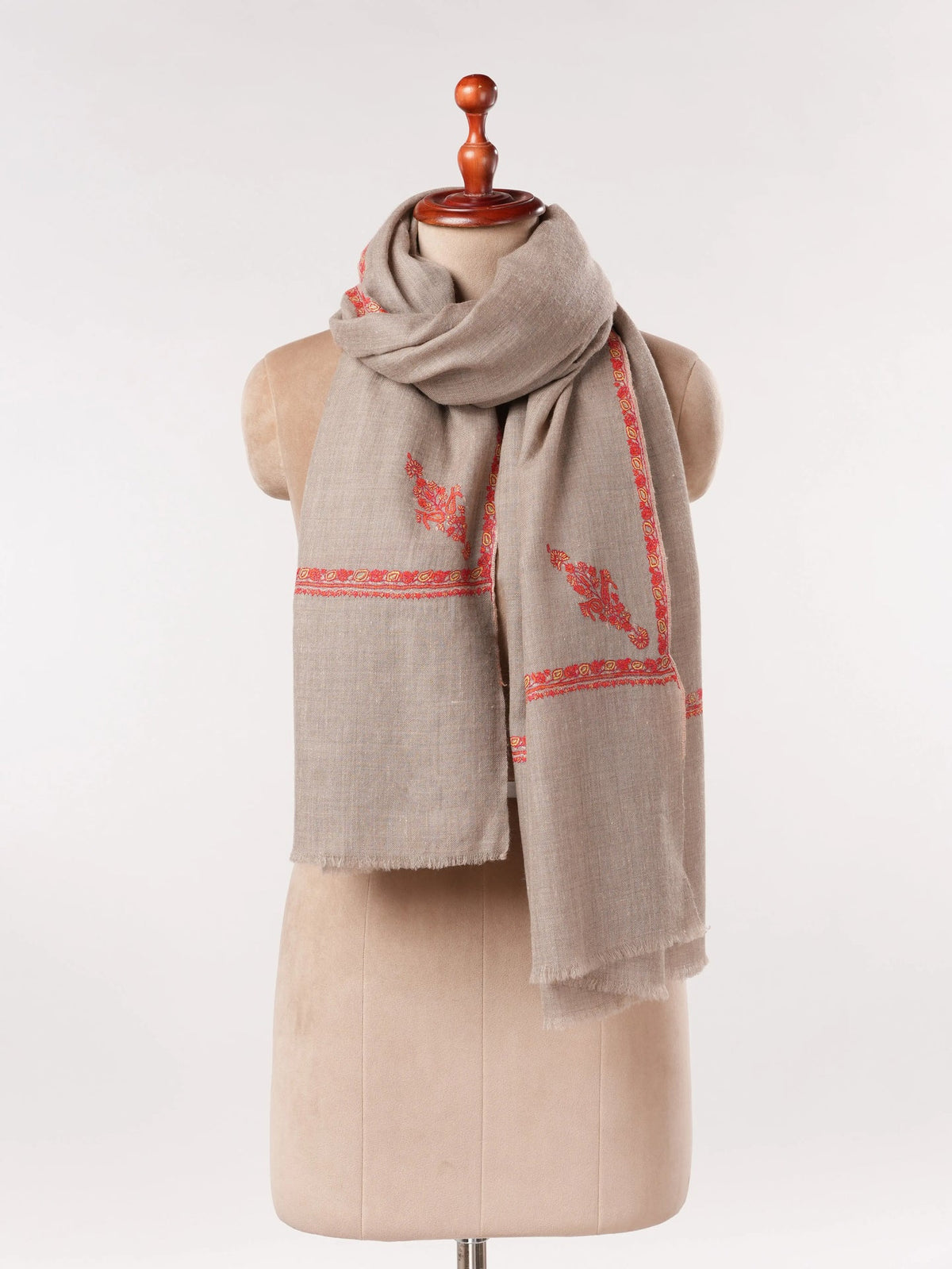 Handwoven Pure Pashmina Natural Beige Shawl with Baildar Sozni Embroidery