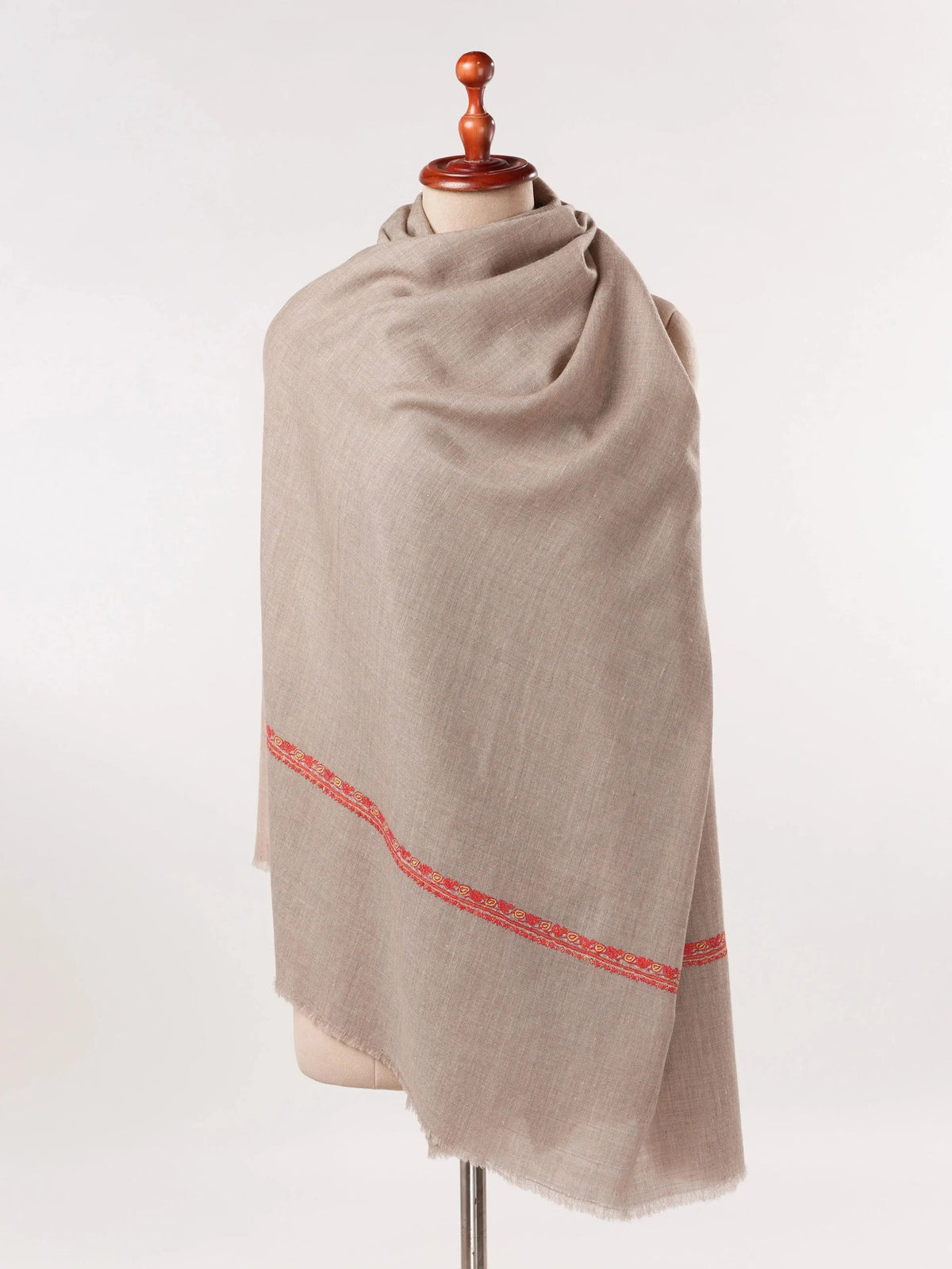 Handwoven Pure Pashmina Natural Beige Shawl with Baildar Sozni Embroidery