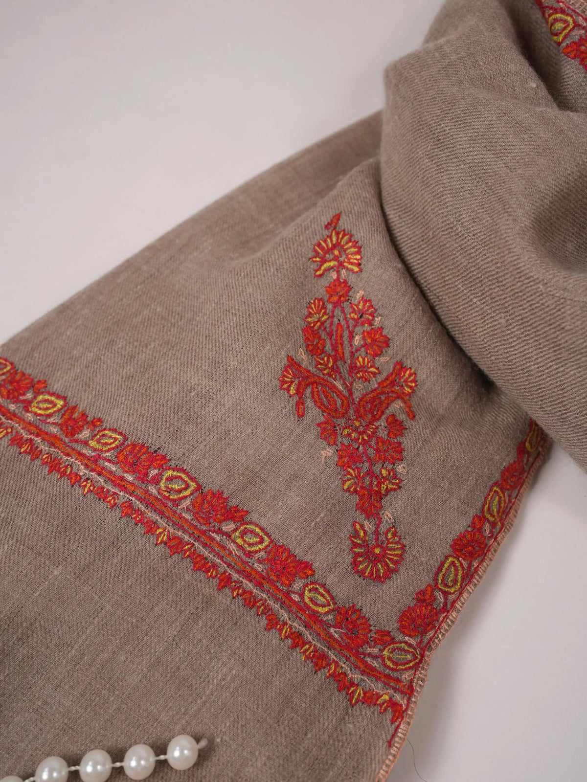 Handwoven Pure Pashmina Natural Beige Shawl with Baildar Sozni Embroidery