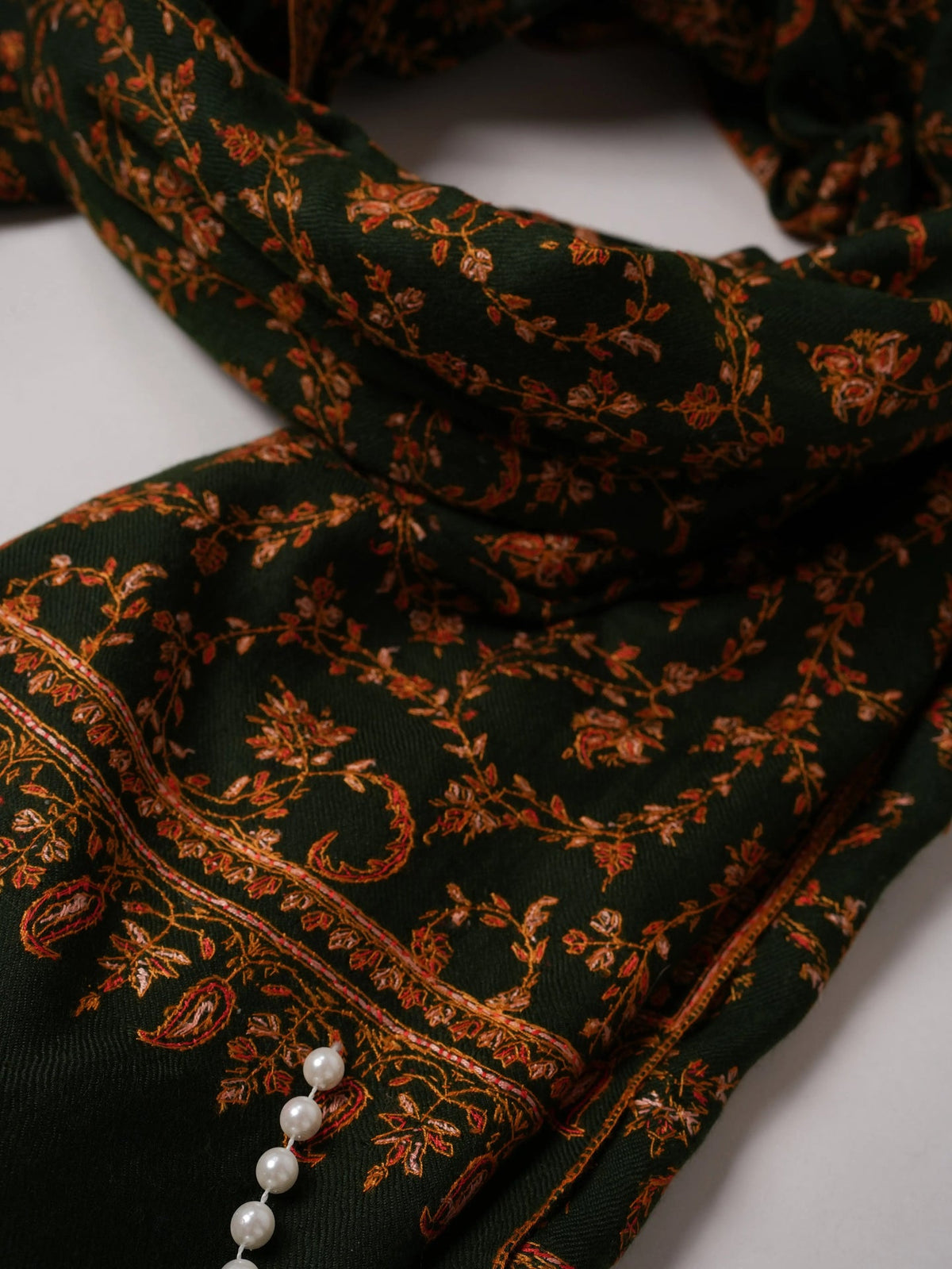 Dark Green Soft Cashmere Scarf with Jali Hand Embroidery