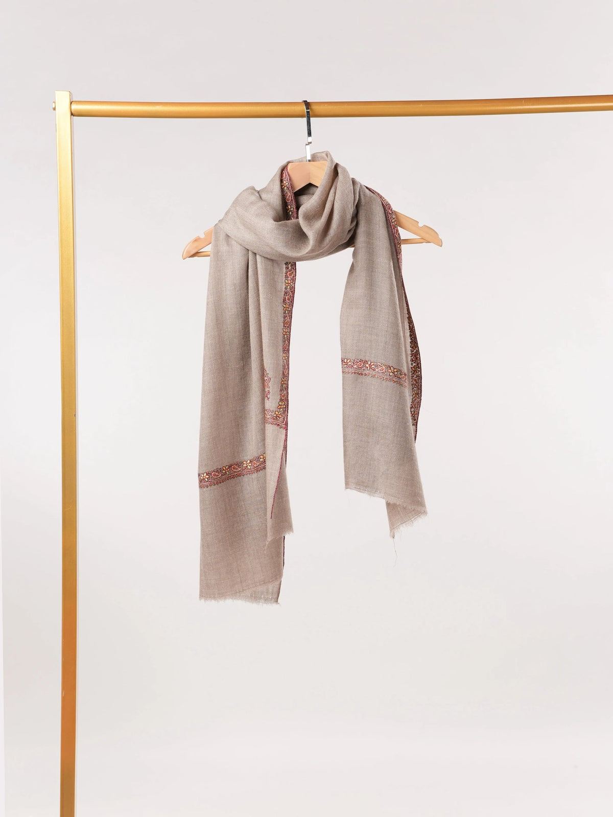 Beige Sozni Hashia Embroidered Handwoven Pure Cashmere Scarf