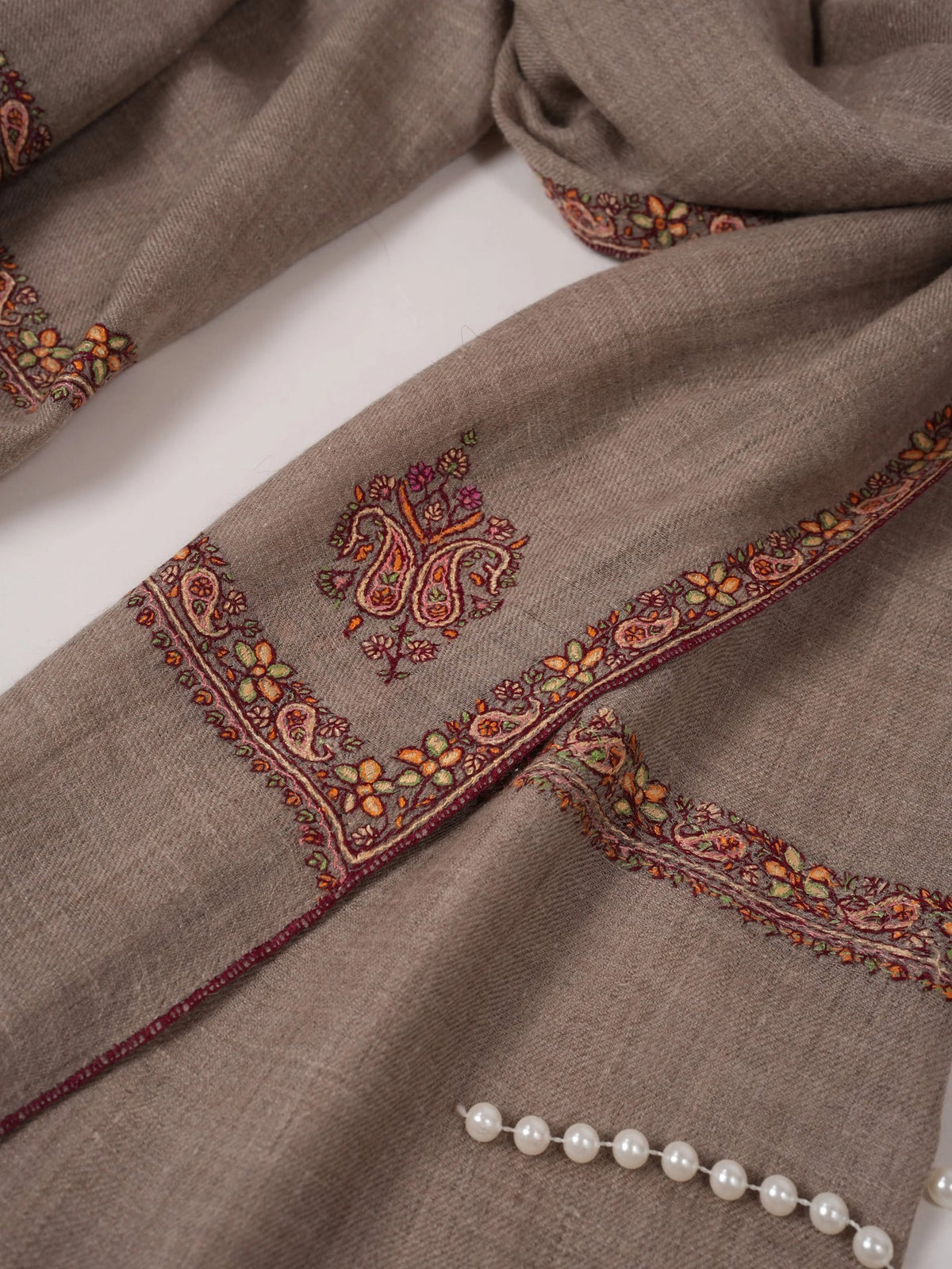 Beige Sozni Hashia Embroidered Handwoven Pure Cashmere Scarf