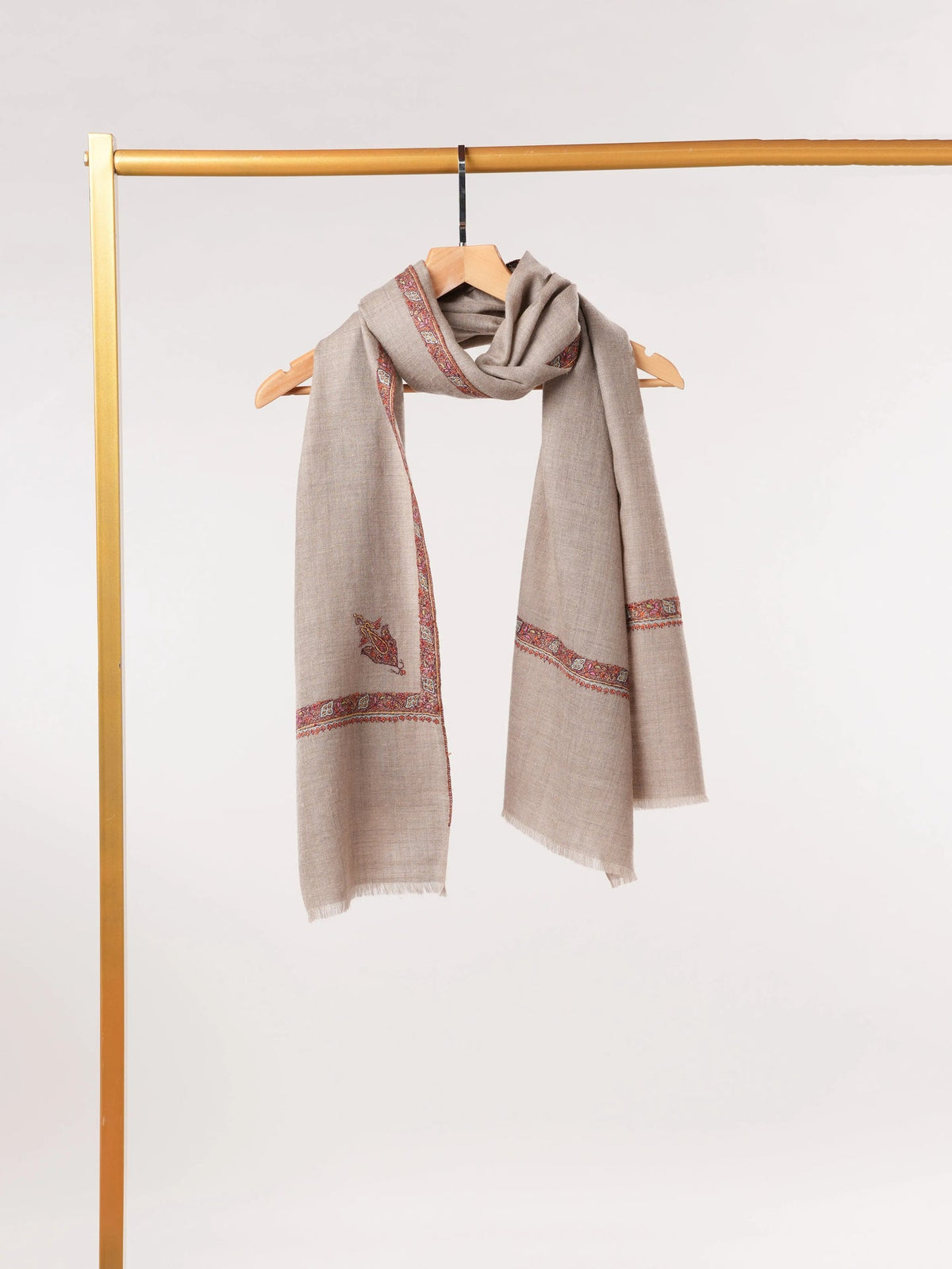 Natural Beige Classic Cashmere Scarf with Hashia Embroidery