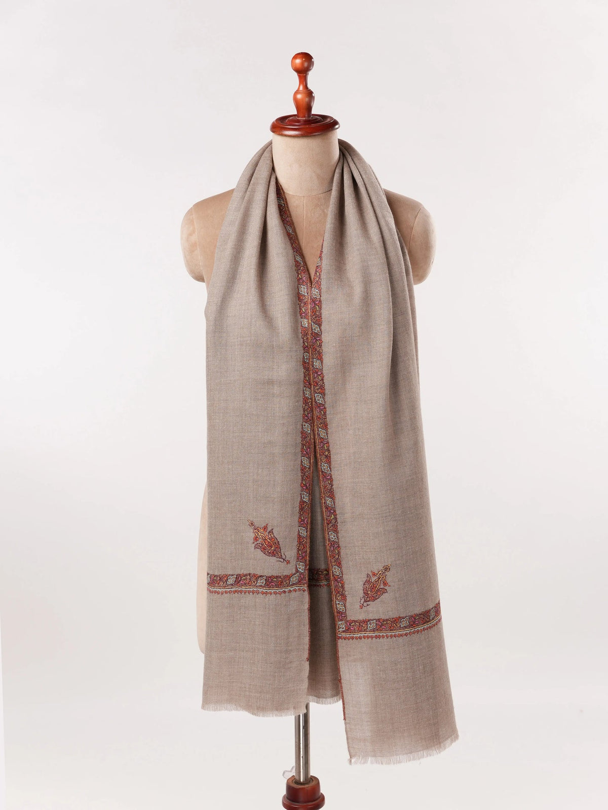 Natural Beige Classic Cashmere Scarf with Hashia Embroidery