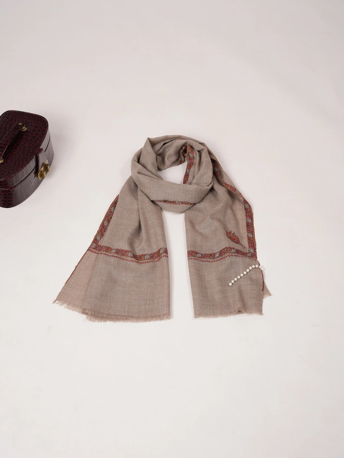 Natural Beige Classic Cashmere Scarf with Hashia Embroidery