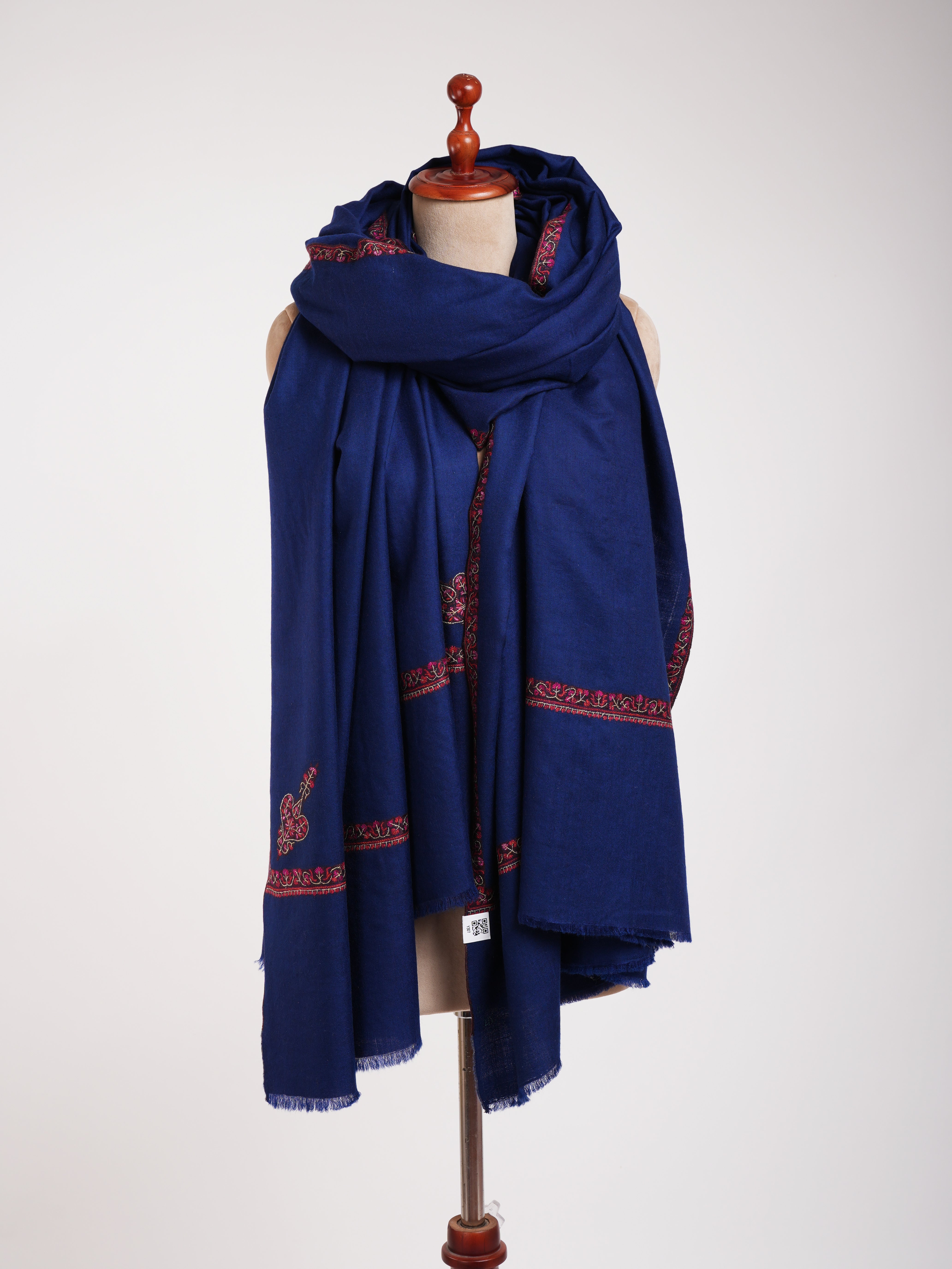 XL Dark Blue Embroidered Kashmiri Pashmina