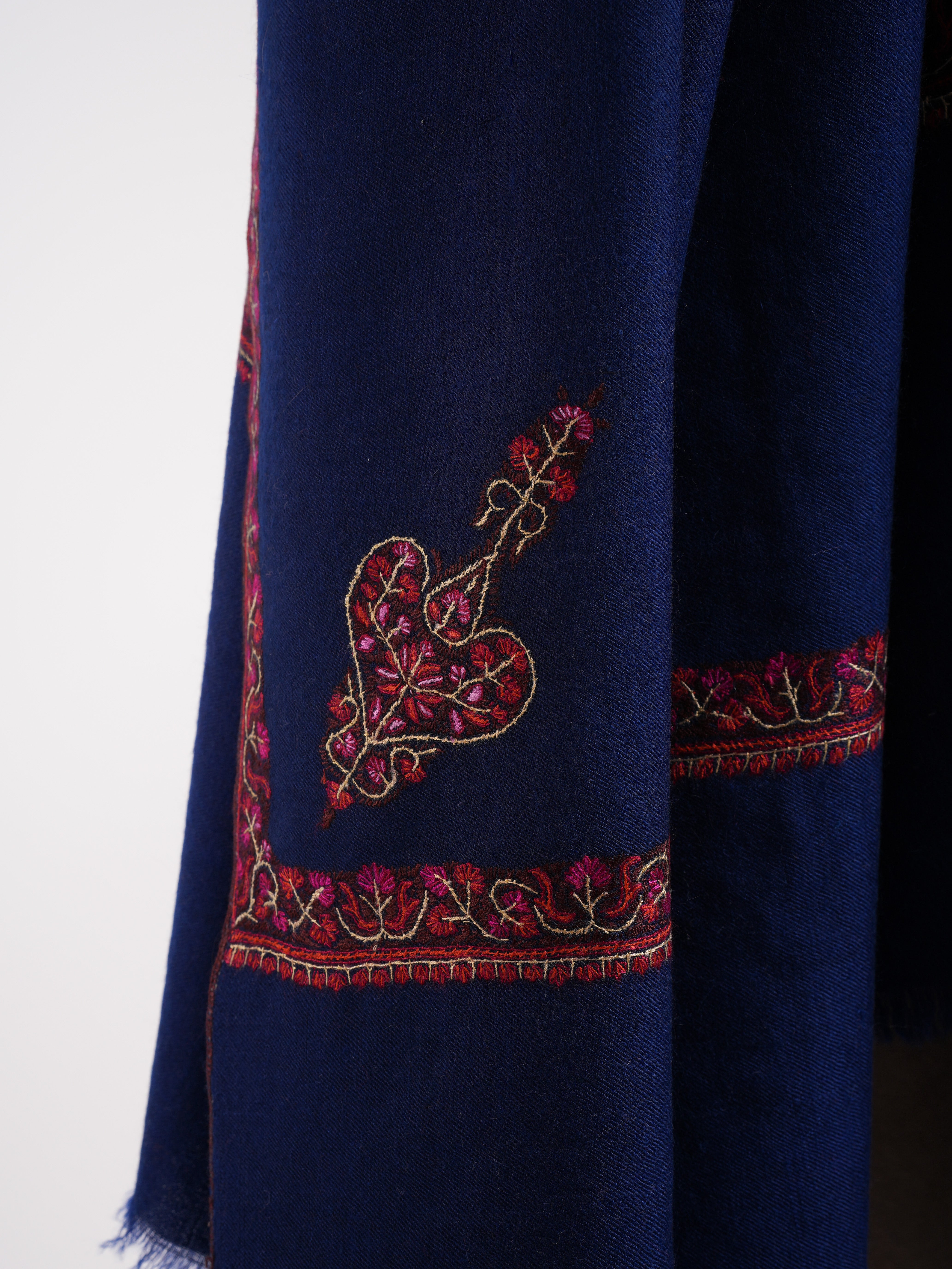 XL Dark Blue Embroidered Kashmiri Pashmina